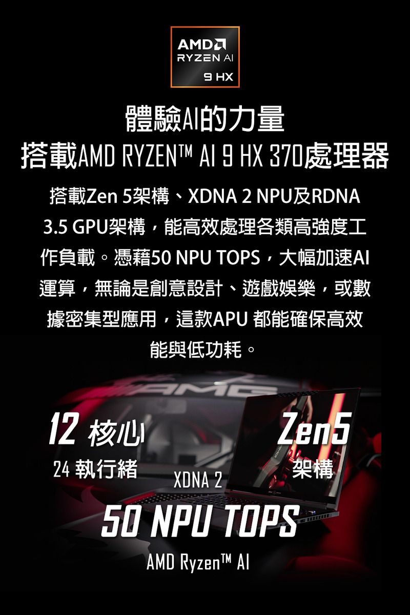 AMDRYZEN 9 HX體驗AI的力量搭載AMD RYZEN  9 HX 370處理器搭載Zen 5架構、XDNA 2 NPU及RDNA3.5 GPU架構能高效處理各類高強度工作負載。憑藉50 NPU TOPS大幅加速AI運算無論是創意設計、遊戲娛樂,或數據密集型應用,這款APU都能確保高效能與低功耗。12 核心Zen524 執行緒架構XDNA 250 NPU TOPSAMD Ryzen™