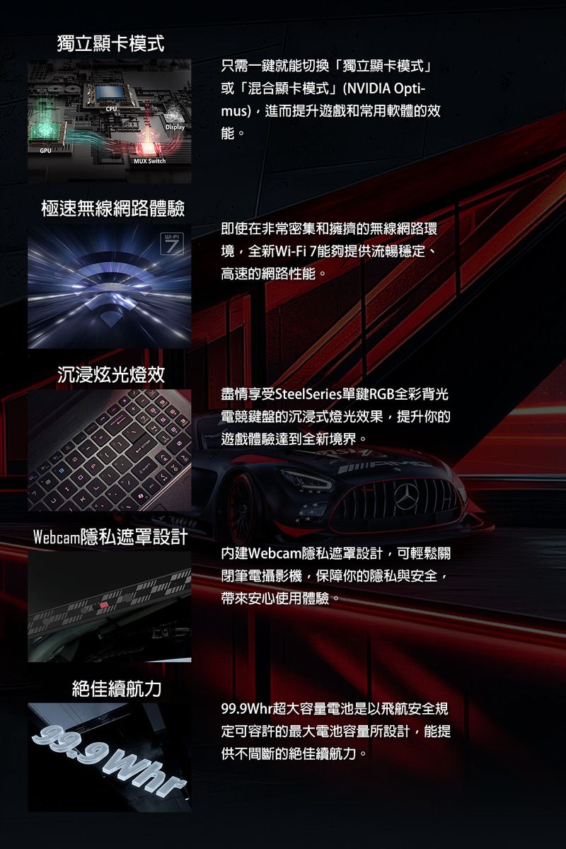 獨立顯卡模式Display只需一鍵就能切換獨立顯卡模式」或「混合顯卡模式」(NVDIA Optimus)進而提升遊戲和常用軟體的效能GPUMUX Switch極速無線網路體驗即使在非常密集和擁擠的無線網路環境全新Wi-Fi 7能夠提供流暢穩定、高速的網路性能。沉浸炫光燈效盡情享受SteelSeries單鍵RGB全彩背光電競鍵盤的沉浸式燈光效果,提升你的遊戲體驗達到全新境界。-I。PWebcam隱私遮罩設計內建Webcam隱私遮罩設計,可輕鬆關閉筆電攝影機,保障你的隱私與安全,帶來安心使用體驗。絕佳續航力99.9 Whr99.9Whr超大容量電池是以飛航安全規定可容許的最大電池容量所設計,能提供不間斷的絕佳續航力。