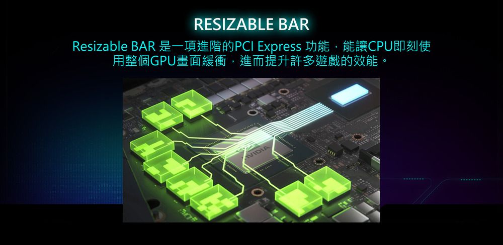 RESIZABLE BARResizable BAR是一項進階的PCI Express 功能,能讓CPU即刻使用整個GPU畫面緩衝,進而提升許多遊戲的效能VIDIA
