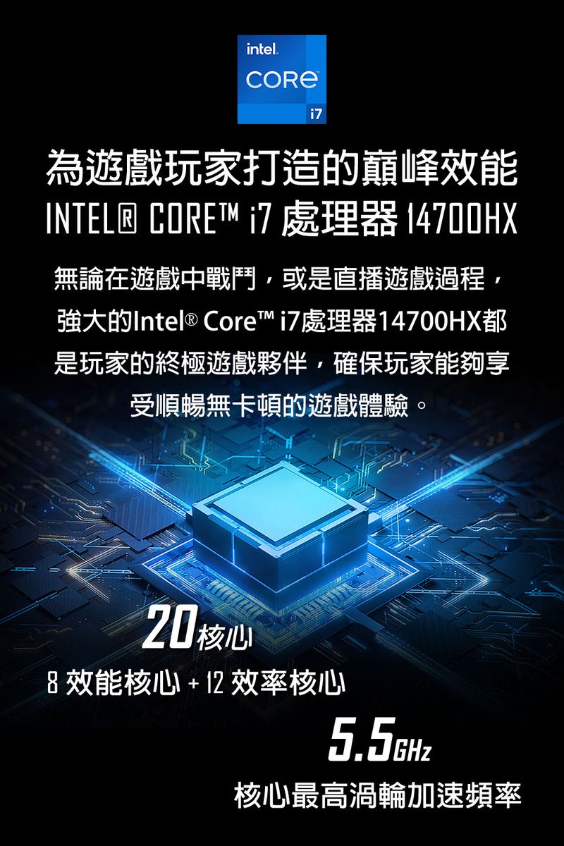 intel.為遊戲玩家打造的巔峰效能INTEL® CORE  處理器 14700HX無論在遊戲中戰鬥,或是直播遊戲過程,強大的Intel® Core i7處理器14700HX都是玩家的終極遊戲夥伴,確保玩家能夠享受順暢無卡頓的遊戲體驗。20核心 效能核心+12效率核心核心最高渦輪加速頻率