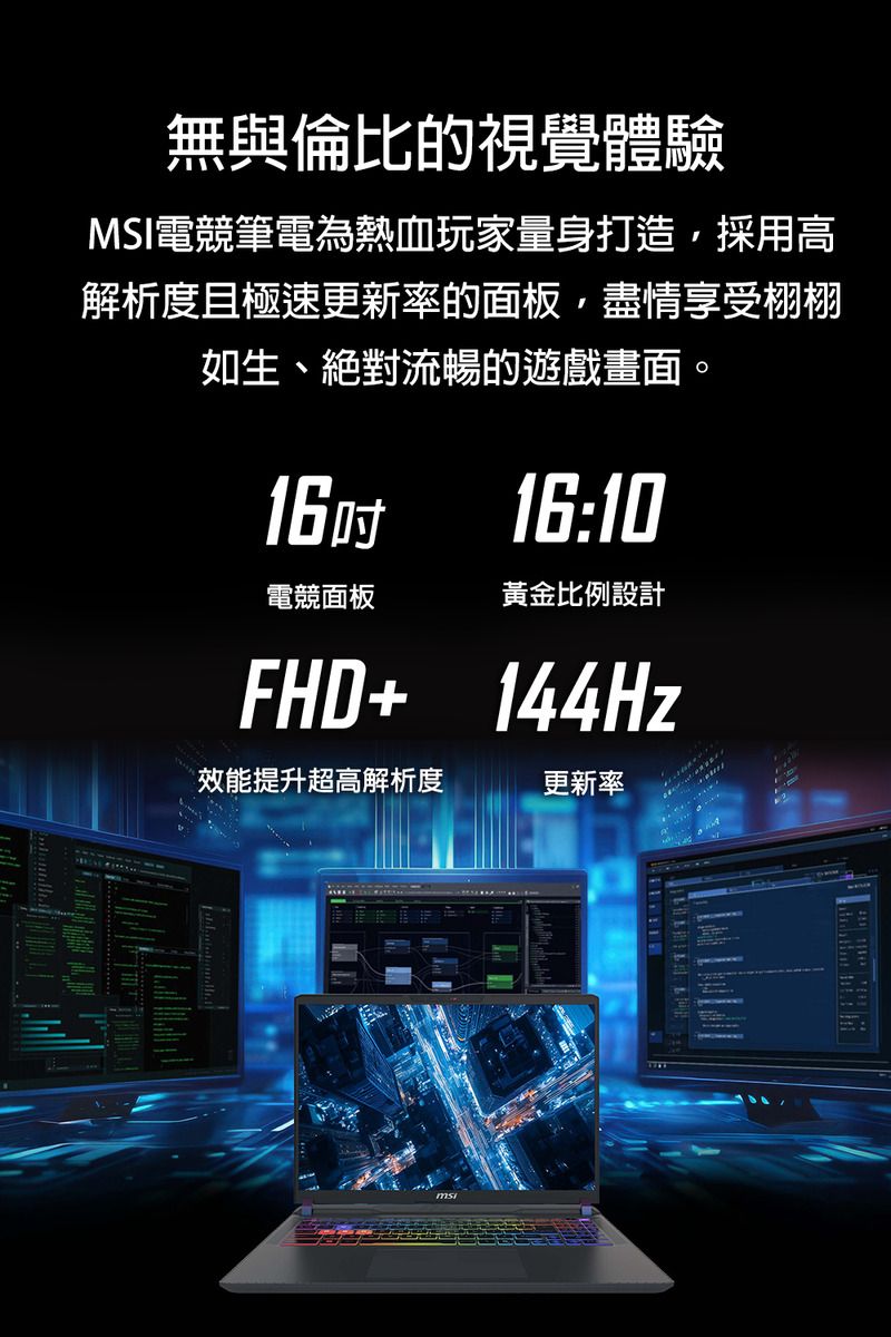 無與倫比的視覺體驗MSI電競筆電為熱血玩家量身打造採用高解析度且極速更新率的面板,盡情享受栩栩如生、絕對流暢的遊戲畫面。1616:10電競面板黃金比例設計FHD+ 14Hz效能提升超高解析度更新率4