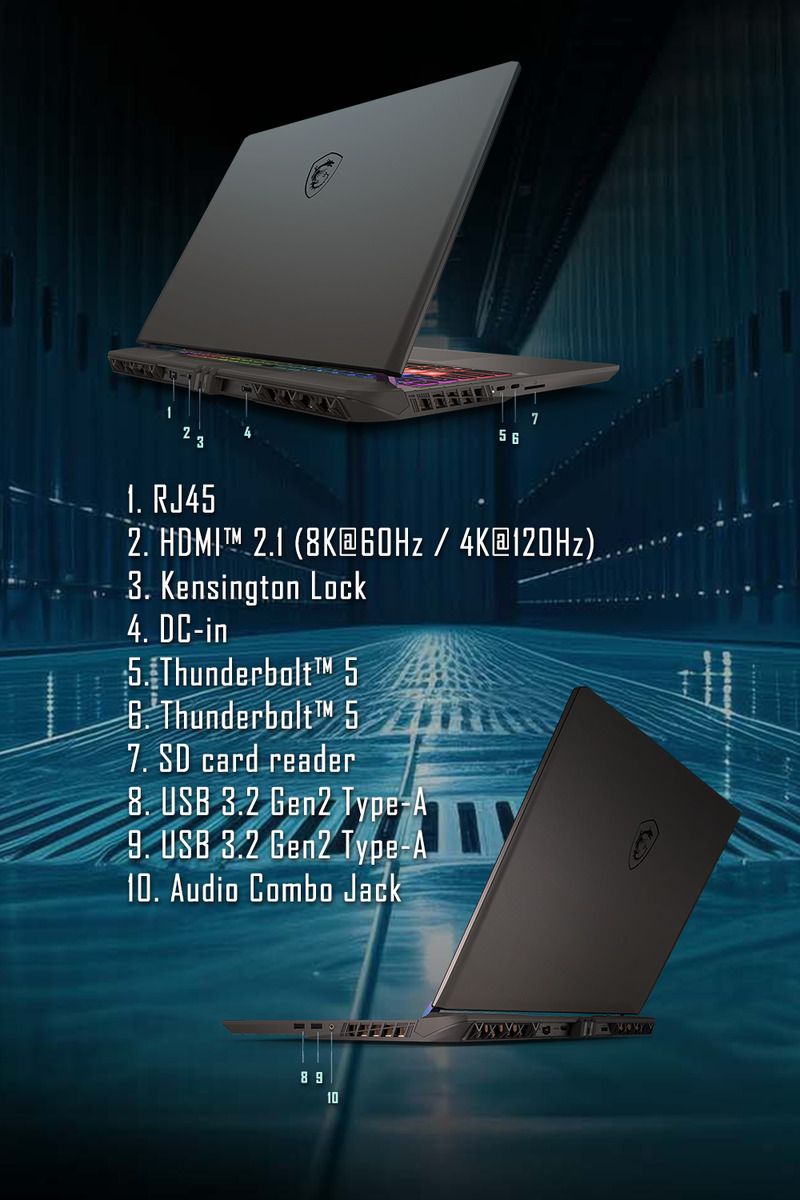 231. RJ46 HDMI 2.1 (8K  4K@120Hz)3. Kensington Lock4. DC-in Thunderbolt 5 Thunderbolt 5 SD card reader USB 3.2 Gen2 Type-A9. USB 3.2 Gen2 Type-A10. Audio Combo Jack8 910