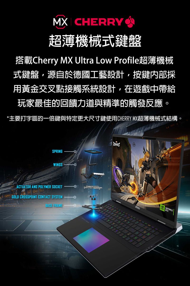 MX CHERRY超薄機械式鍵盤搭載Cherry MX Ultra Low Profile超薄機械式鍵盤源自於德國工藝設計按鍵內部採用黃金交叉點接觸系統設計,在遊戲中帶給玩家最佳的回饋力道與精準的觸發反應。*主要打字區的一倍鍵與特定更大尺寸鍵使用CHERRY MX超薄機械式結構。PRINGWINGSACTUATOR AND POLYMER SOCKETS GOLD CROSSPOINT CONTACT SYSTEMBASE FRAMEGEFORCE