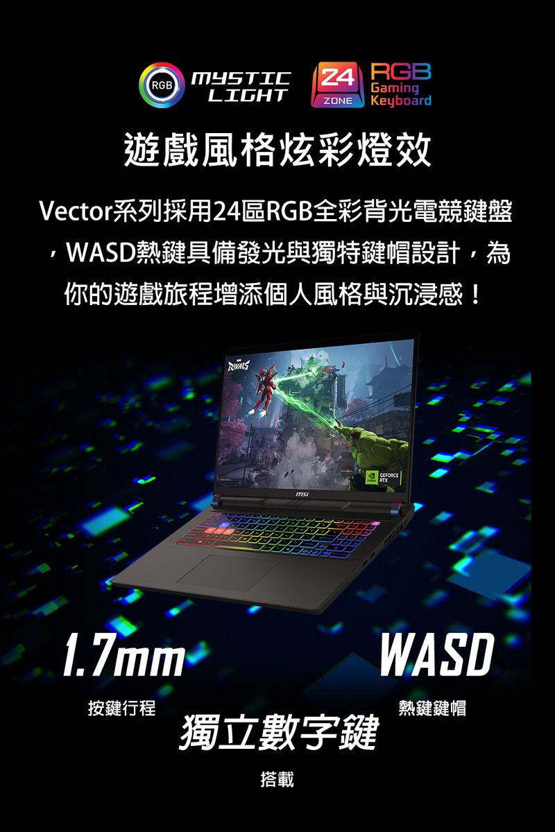 MYSTICRGBLIGHT24 RGBGamingZONE Keyboard遊戲風格炫彩燈效Vector系列採用24RGB全彩背光電競鍵盤WASD熱鍵具備發光與獨特鍵帽設計,為你的遊戲旅程增添個人風格與沉浸感!1.7mm-按鍵行程獨立數字鍵搭載WASD熱鍵鍵帽
