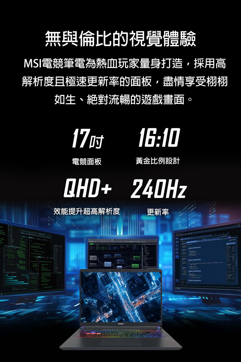 無與倫比的視覺體驗MSI電競筆電為熱血玩家量身打造採用高解析度且極速更新率的面板,盡情享受栩栩如生、絕對流暢的遊戲畫面。1716:10電競面板黃金比例設計 240Hz效能提升超高解析度更新率