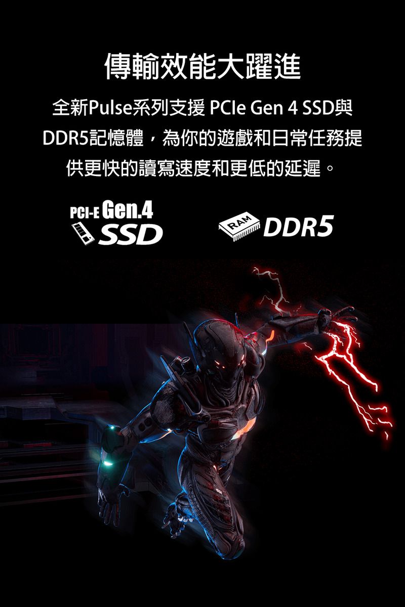 傳輸效能大躍進全新Pulse系列支援 PCIe Gen 4 SSD與DDR5記憶體,為你的遊戲和日常任務提供更快的讀寫速度和更低的延遲。PCI-E Gen.4SSDRAMDDR5