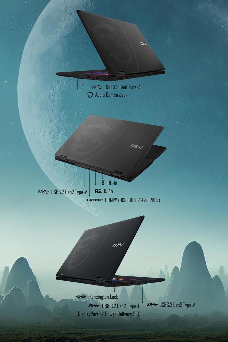 USB   Type-AAudio Combo Jackmsi   Type-A DC-inRJ45  (  @)msiKensington Lock USB 3.2 Gen2 Type-C   Gen2 Type-A(DisplayPort Power Delivery )