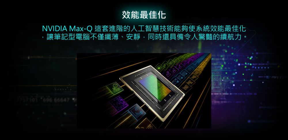 效能最佳化NVIDIA Max-Q這套進階的人工智慧技術能夠使系統效能最佳化讓筆記型電腦不僅纖薄、安靜,同時還具備令人驚豔的續航力。  66647