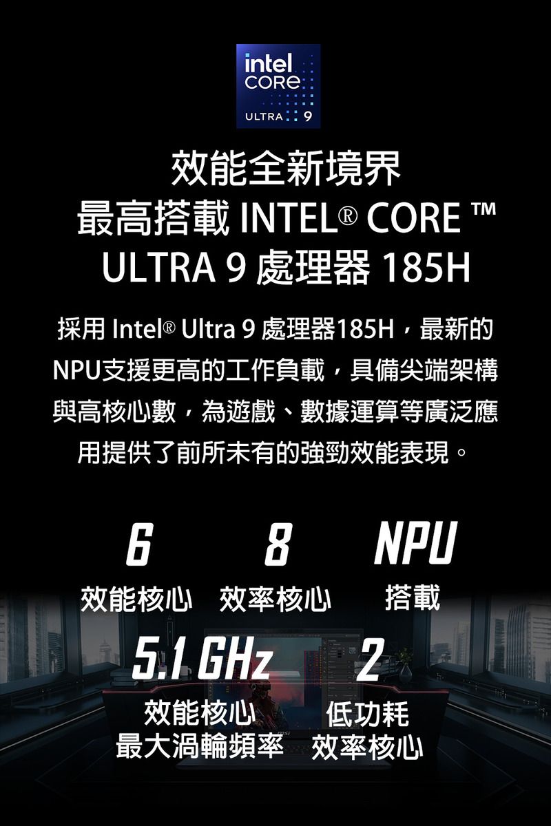 intelULTRA效能全新境界最高搭載 INTEL ® COREULTRA 9 處理器 185H採用 Intel® Ultra 9處理器185H最新的NPU支援更高的工作負載,具備尖端架構與高核心數,為遊戲、數據運算等廣泛應用提供了前所未有的強勁效能表現。8NPU效能核心 效率核心搭載5.1GHz效能核心低功耗最大渦輪頻率效率核心