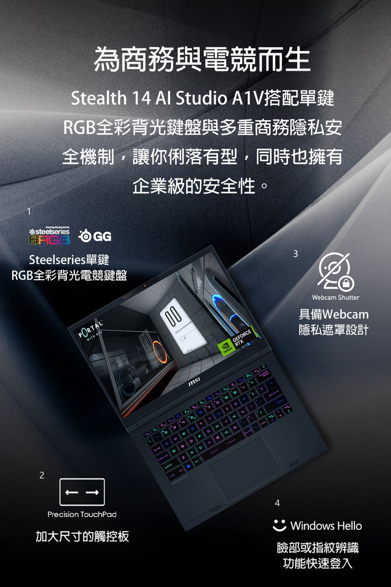 2為商務與電競而生Stealth 14 Al Studio A1V搭配單鍵全彩背光鍵盤與多重商務隱私安全機制,讓你俐落有型,同時也擁有企業級的安全性。steelseriesRGBGGSteelseries單鍵RGB全彩背光電競鍵盤PORTALWITH 00Jn43EFORCERTXWebcam Shutter具備Webcam隱私遮罩設計Precision TouchPad加大尺寸的觸控板Windows Hello臉部或指紋辨識功能快速登入