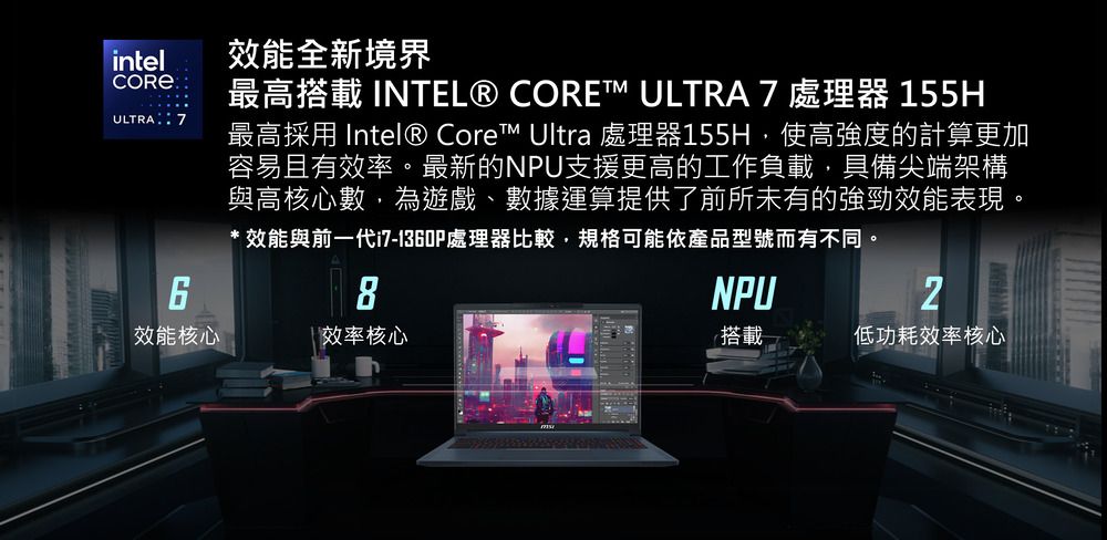 intel 效能全新境界最高搭載 INTEL® CORE ULTRA 7 處理器 155H最高採用 Intel® Core™ Ultra 處理器155H使高強度的計算更加容易且有效率最新的NPU支援更高的工作負載,具備尖端架構與高核心數,為遊戲、數據運算提供了前所未有的效能表現* 效能與前一代i7-130P處理器比較,規格可能依產品型號而有不同。68效能核心效率核心NPU搭載低功耗效率核心。