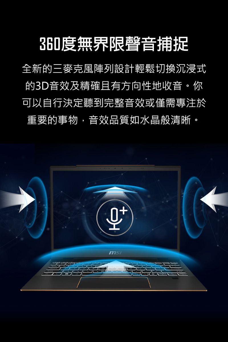 360度無界限聲音捕捉全新的三麥克風陣列設計輕鬆切換沉浸式的3D音效及精確且有方向性地收音。你可以自行決定聽到完整音效或僅需重要的事物,音效品質如水晶般清晰。