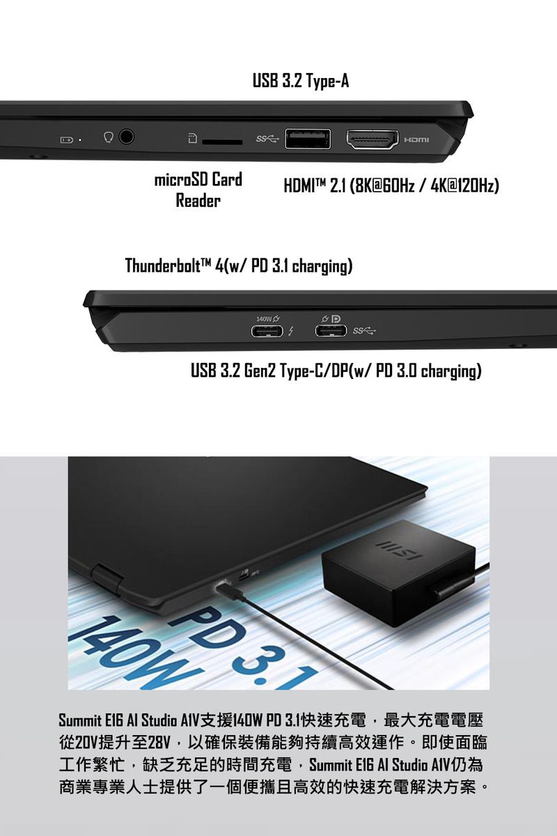 USB 32 Type-AmicroS CardReaderHDMIT 2.1 (8K@60Hz/4K@120Hz)ThunderboltT™ 4(w/ 3.1 charging)DSSUSB 3.2 Gen2 Type-C/DP(w/PD3.0 charging) 3.1.140WSummit   Studio 支援140W PD 3.1快速充電,最大充電電壓從20V提升至28V,以確保裝備能夠持續高效運作。即使面臨工作繁忙,缺乏充足的時間充電,Summit  Al Studio AlV仍為商業專業人士提供了一個便攜且高效的快速充電解決方案。