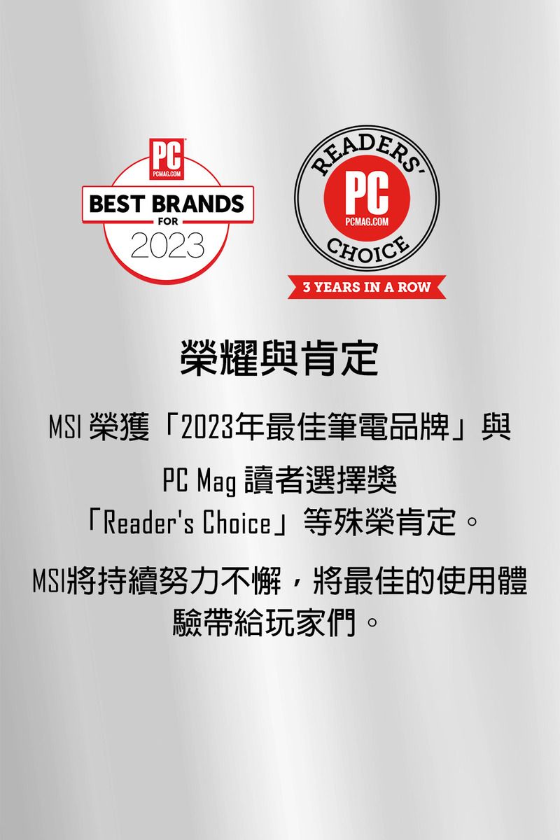 PCPCMAG.CMBEST BRANDSO FOR2023PCPCMAG.COMCHOICE3 YEARS IN A ROW榮耀與肯定MSI榮獲「2023年最佳筆電品牌與PC Mag 讀者選擇獎「Readers Choice」等殊榮肯定。MSI將持續努力不懈,將最佳的使用體驗帶給玩家們。