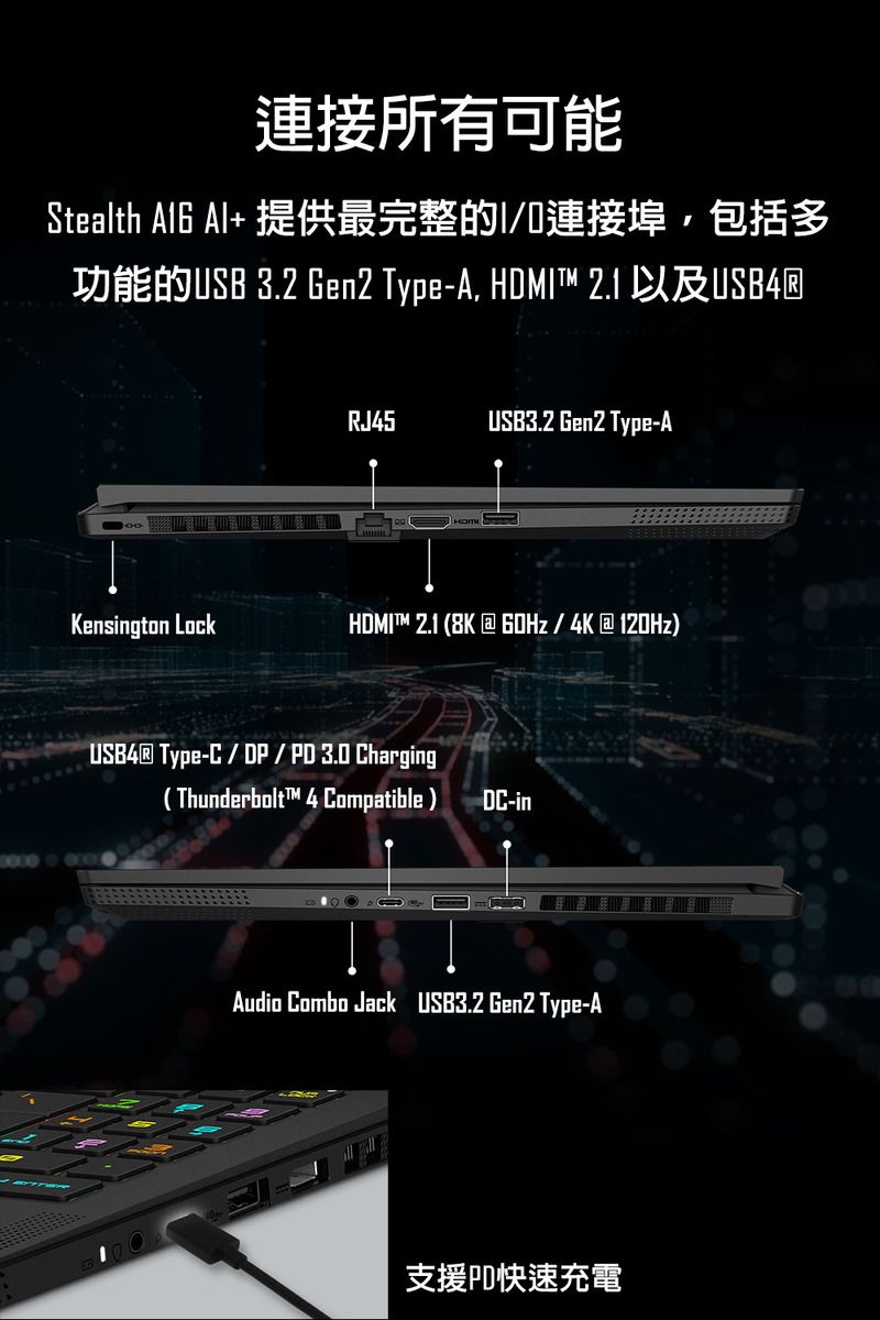 連接所有可能Stealth   提供最完整的I連接埠包括多功能的USB 3.2 Gen2 Type-A, HDMIT 2.1 以及USB4RJ45USB3.2 Gen2 Type-AKensington LockHDMI™ 2.1 (8K @ /4K@120Hz) Type-C/DP/ PD 3.0 Charging(Thunderbolt™ 4 Compatible)DC-inAudio Combo Jack USB3.2 Gen2 Type-A支援快速充電