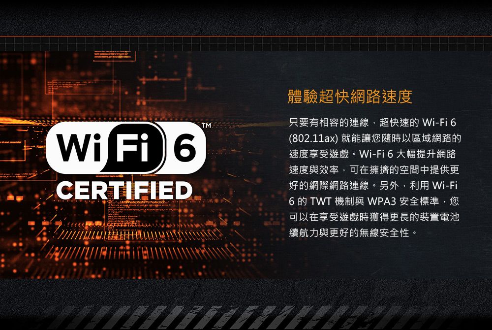 Wi Fi CERTIFIEDTM體驗超快網路速度只要有相容的連線超快速的 Wi-Fi 6(802.11ax)就能讓您隨時以區域網路的速度享受遊戲。Wi-Fi6大幅提升網路速度與效率,可在擁擠的空間中提供更好的網際網路連線。另外,利用 Wi-Fi6 的 TWT 機制與 WPA3 安全標準,您可以在享受遊戲時獲得更長的裝置電池續航力與更好的無線安全性。