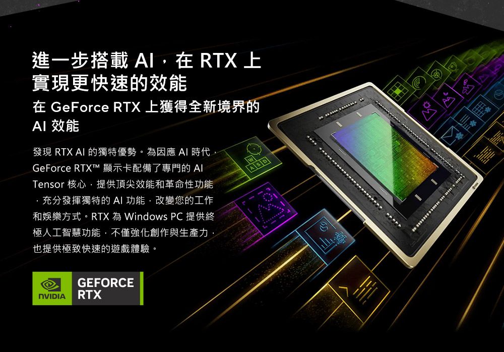 進一步搭載 在 RTX 上實現更快速的效能在 GeForce RTX 上獲得全新境界的 效能發現 RTX  的獨特優勢。因應AI 時代GeForce  顯示卡配備了專門的 Tensor 核心,提供頂尖效能和革命性功能,充分發揮獨特的AI功能,改變您的工作和娛樂方式。RTX 為 Windows PC 提供終極人工智慧功能,不僅強化創作與生產力,也提供極致快速的遊戲體驗。GEFORCEASDNVIDIARTX