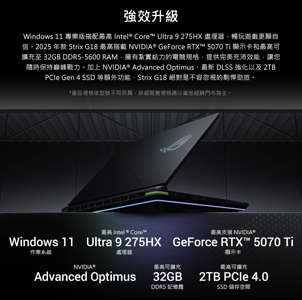 強效升級Windows 11 專業版搭配最高 Intel Core Ultra 9275HX處理器暢玩遊戲更顯自信。2025 年款 Strix G18 最高搭載 NVIDIA® GeForce RTXT™ 5070 Ti 顯示卡和最高可擴充至 32GB DDR5-5600 RAM擁有紮實給力的電競規格提供完美充沛效能讓您隨時保持巔峰戰力。加上 NVIDIA® Advanced Optimus、最新 DLSS 強化以及 2TBPCle Gen 4 SSD 等額外功能,Strix G18 絕對是不容忽視的剽悍勁旅。*產品規格依型號不同而異,詳細販售規格請以當地經銷門市為主。Windows 11最高 Intel ® Core™最高支援 NVIDIA®Ultra 9 275HX GeForce RTX™ 5070 Ti作業系統處理器NVIDIA®最高可擴充Advanced Optimus32GBDDR5 記憶體顯示卡最高可擴充2TB  4.0SSD 儲存空間
