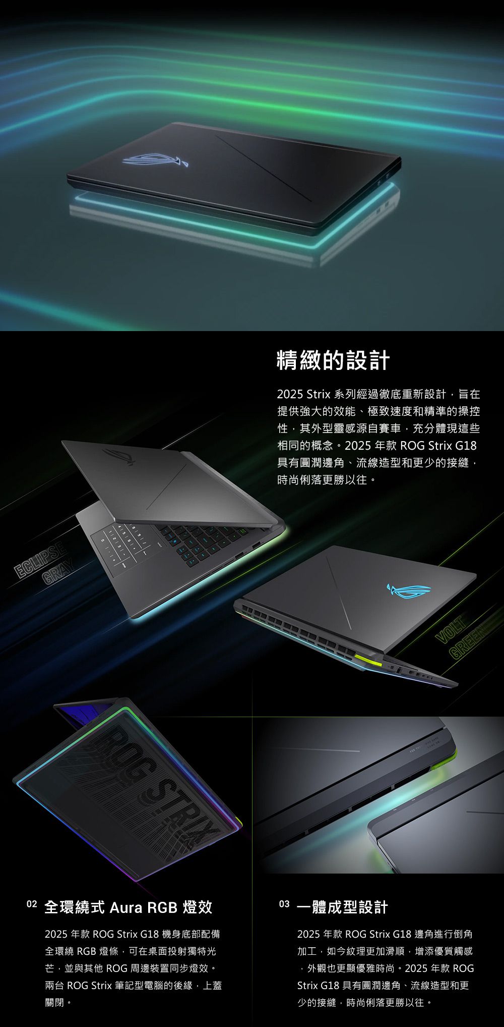 ECLIPSEGRAYROG STRIX精緻的設計2025 Strix 系列經過徹底重新設計旨在提供強大的效能、極致速度和精準的操控性,其外型靈感源自賽車,充分體現這些相同的概念。2025 年款 ROG Strix G18具有圓潤邊角、流線造型和更少的接縫,時尚俐落更勝以往。VOLTGR02 全環繞式 Aura RGB 燈效2025 年款 ROG Strix G18 機身底部配備全環繞 RGB 燈條,可在桌面投射獨特光芒,並與其他 ROG 周邊裝置同步燈效。兩台 ROG Strix 筆記型電腦的後緣,上蓋關閉。03 一體成型設計2025 年款 ROG Strix G18 邊角進行倒角加工,如今紋理更加滑順,增添優質觸感,外觀也更顯優雅時尚。2025 年款 ROGStrix G18 具有圓潤邊角、流線造型和更少的接縫,時尚俐落更勝以往。