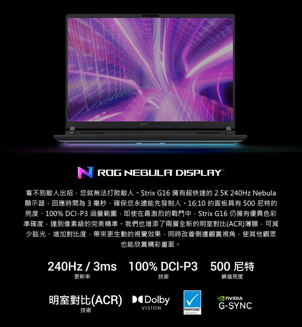 ROG NEBULA ISPLAY看不到敵人出招您就無法打敗敵人。Strix G16 擁有超快速的2.5K240Hz Nebula顯示器回應時間為3毫秒確保您永遠能先發制人。16:10 的面板具有500尼特的亮度、100% DCI-P3 涵蓋範圍即使在最激烈的戰鬥中 Strix G16 仍擁有優異色彩準確度,達到像素級的完美精準。我們也增添了兩層全新的明室對比(ACR)薄膜,可減少眩光、增加對比度,帶來更生動的視覺效果,同時改善側邊觀賞視角,使其他觀眾也能欣賞精彩畫面。240Hz/3ms 100% DCI-P3 500尼特更新率技術明室對比(ACR) D DolbyVISION技術 PANTONE®峰值亮度G-SYNC
