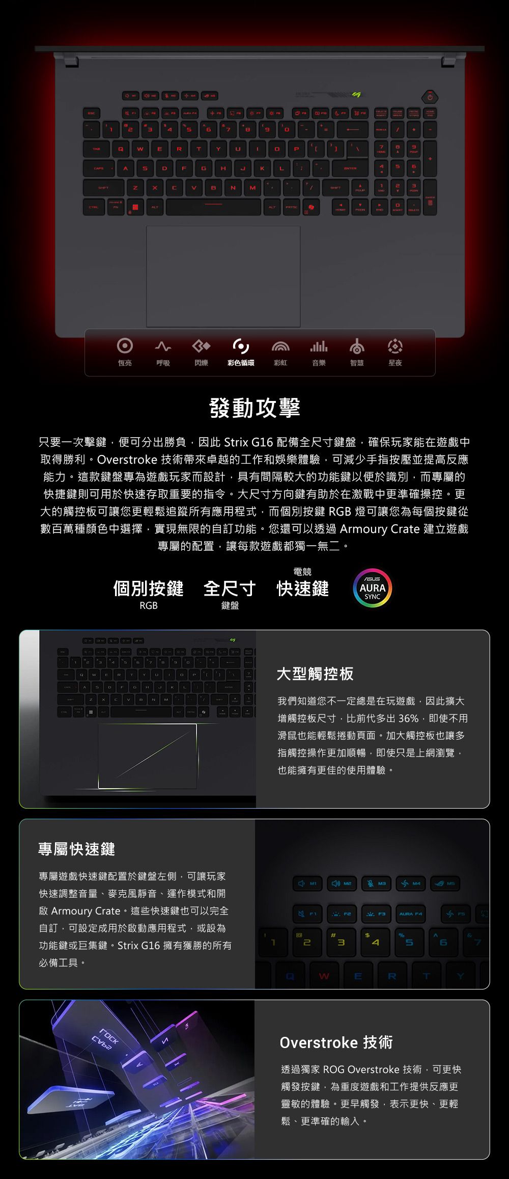 ERFGHNML7ALTAA9恆亮呼吸閃爍彩色循環彩虹音樂智慧星夜 發動攻擊只要一次擊鍵便可分出勝負,因此 Strix G16 配備全尺寸鍵盤,確保玩家能在遊戲取得勝利。Overstroke 技術帶來卓越的工作和娛樂體驗,可減少手指按壓並提高反應能力。這款鍵盤專為遊戲玩家而設計,具有間隔較大的功能鍵以便於識別,而專屬的快捷鍵則可用於快速存取重要的指令。大尺寸方向鍵有助於在激戰中更準確操控。更大的觸控板可讓您更輕鬆追蹤所有應用程式,而個別按鍵 RGB 燈可讓您為每個按鍵從數百萬種顏色中選擇,實現無限的自訂功能。您還可以透過 Armoury rate 建立遊戲專屬的配置,讓每款遊戲都獨一無二。1A電競個別按鍵 全尺寸 快速鍵ARASYNRGB鍵盤2C專屬快速鍵UD大型觸控板我們知道您不一定總是在玩遊戲,因此擴大增觸控板尺寸,比前代多出 36,即使不用滑鼠也能輕鬆捲動頁面。加大觸控板也讓多指觸控操作更加順暢,即使只是上網瀏覽,也能擁有更佳的使用體驗。專屬遊戲快速鍵配置於鍵盤左側,可讓玩家快速調整音量、麥克風靜音、運作模式和開 Armoury Crate。這些快速鍵也可以完全自訂,可設定成用於啟動應用程式,或設為功能鍵或巨集鍵。Strix G16 擁有獲勝的所有必備工具。MSAURA F4C2$%456ERTYOverstroke 技術透過獨家 ROG Overstroke 技術,可更快觸發按鍵,為重度遊戲和工作提供反應更靈敏的體驗。更早觸發,表示更快、更輕鬆、更準確的輸入。
