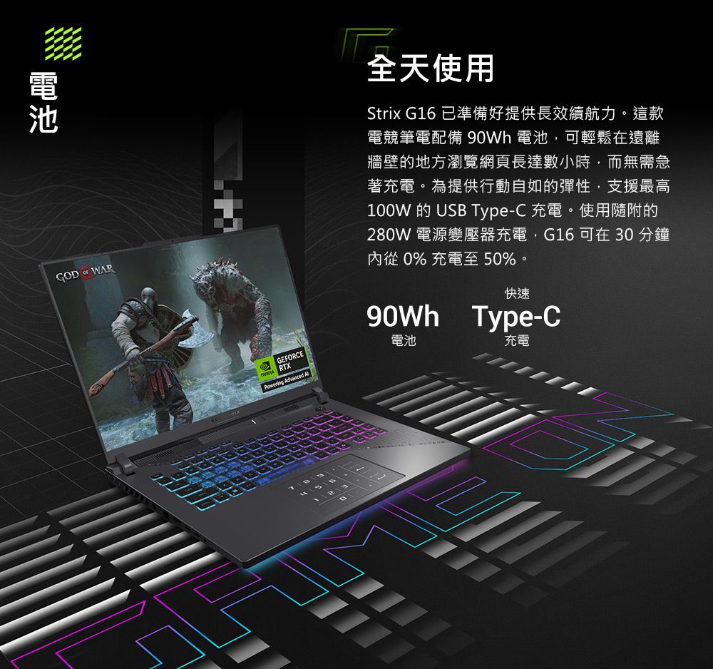 GOD  WARGEFORCERTX  全天使用Strix G16 已準備好提供長效續航力。這款電競筆電配備  電池可輕鬆在遠離牆壁的地方瀏覽網頁長達數小時,而無需急著充電。為提供行動自如的彈性,支援最高100W 的 USB Type-C 充電。使用隨附的280W 電源變壓器充電,G16 可在 30 分鐘 0% 充電至 50%。快速90Wh Type-C電池充電
