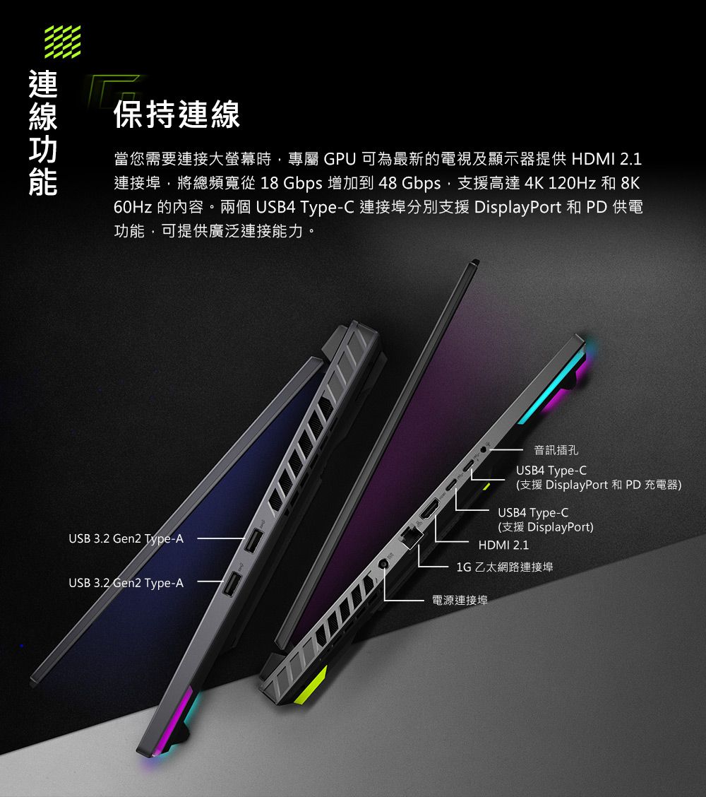 保持連線當您需要連接大螢幕時專屬 GPU 可為最新的電視及顯示器提供 HDMI 2.1連接埠,將總頻寬從 18 Gbps 增加到 48 Gbps,支援高達4K 120Hz 和 8K60Hz 的內容。兩個 USB4 Type-C 連接埠分別支援 DisplayPort 和  供電功能,可提供廣泛連接能力。USB 3.2 Gen2 Type-AUSB 3.2 Gen2 Type-A音訊插孔USB4 Type-C(支援 DisplayPort 和 PD 充電器)USB4 Type-C(支援 DisplayPort)HDMI 2.11G乙太網路連接埠電源連接埠