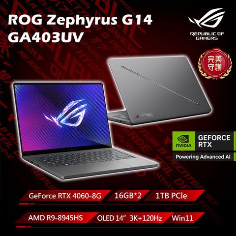 ASUS ROG 華碩 Zephyrus G14 14吋電競筆電(R9-8945HS/16G*2/1TB/GeForce RTX 4060-8G/W11/GA403UV-0042E8945HS-NBLO)