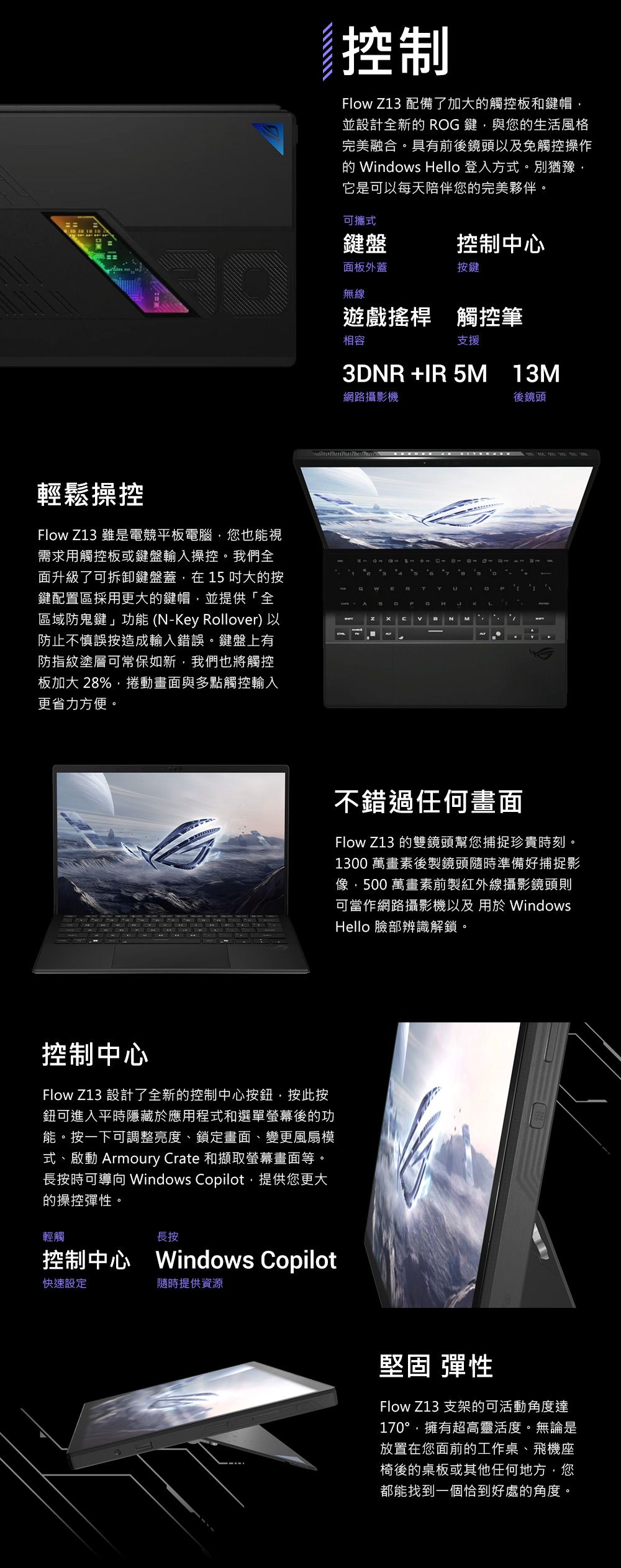 輕鬆操控Flow Z 雖是電競平板電腦您也能視需求用觸控板或鍵盤輸入操控我們全面升級了可拆卸鍵盤蓋在5大按鍵配置區採用更大的鍵帽並提供「全區域防鬼鍵」功能 (-ey Rolloer)以防止不慎誤按造成輸入錯誤。鍵盤上有防指紋塗層可常保如新我們也將觸控板加大 28%捲動畫面與多點觸控輸入更省力方便。控制中心Flow Z13 設計了全新的控制中心按鈕按此按鈕可進入平時隱藏於應用程式和選單螢幕後的功能。按一下可調整亮度、鎖定畫面、變更風扇模式、啟動 Armoury Crte 和擷取螢幕畫面等。長按時可 Windows Copilot提供您更大的操控彈性。輕觸長按控制中心 Windows Copilot快速設定隨時提供資源控制Flow Z13 配備了加大的觸控板和鍵帽,並設計全新的 ROG鍵,與您的生活風格完美融合。具有前後鏡頭以及免觸控操作的 Windows Hello 登入方式。別猶豫,它是可以每天陪伴您的完美夥伴。可攜式鍵盤控制中心面板外蓋按鍵無線遊戲搖桿 觸控筆相容支援3DNR +IR 5M 13M網路攝影機。13 NRTY1ADa HvNKL後鏡頭不錯過任何畫面Flow Z13 的雙鏡頭幫您捕捉珍貴時刻。1300 萬畫素後製鏡頭隨時準備好捕捉影像,500 萬畫素前製紅外線攝影鏡頭則可當作網路攝影機以及 用於 WindowsHello 臉部辨識解鎖。堅固 彈性Flow Z13 支架的可活動角度達170°,擁有超高靈活度。無論是放置在您面前的工作桌、飛機座椅後的桌板或其他任何地方,您都能找到一個恰到好處的角度。
