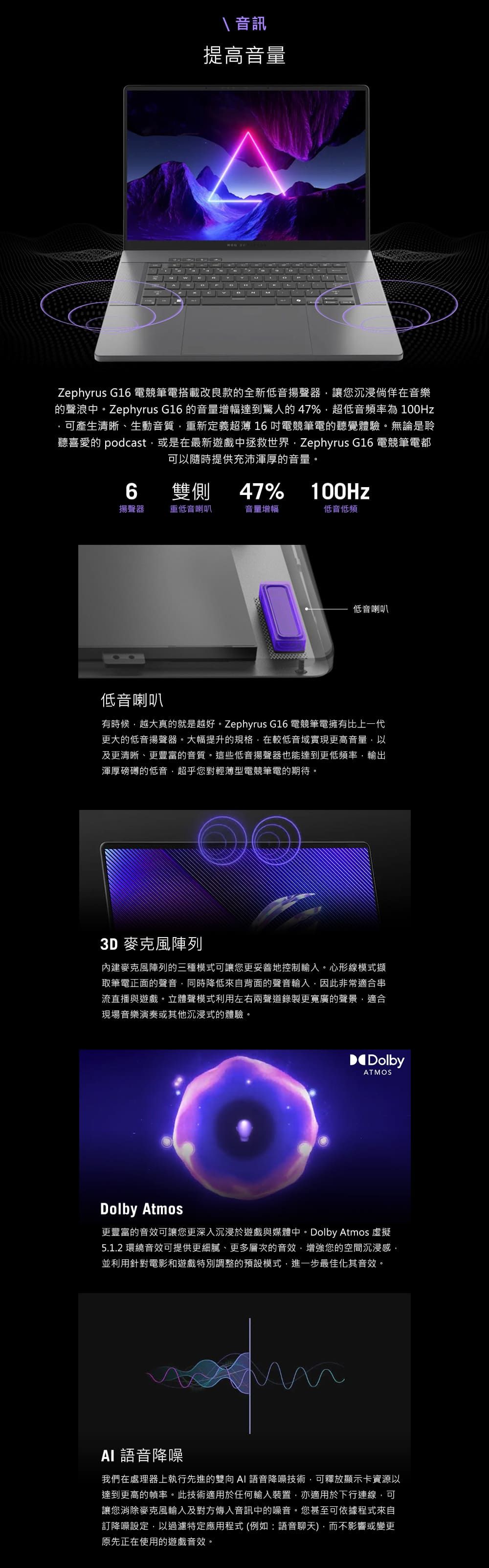 音訊提高音量 Zephyrus G16 電競筆電搭載改良款的全新低音揚聲器讓您沉浸倘佯在音樂的聲浪中。Zephyrus G16 的音量增幅達到驚人的 47%超低音頻率為 100Hz,可產生清晰、生動音質,重新定義超薄 16 電競筆電的聽覺體驗。無論是聆聽喜愛的 podcast,或是在最新遊戲中拯救世界,Zephyrus G16 電競筆電都可以隨時提供充沛渾厚的音量。6雙側47%100Hz揚聲器重低音喇叭音量增幅低音低頻低音喇叭低音喇叭有時候,越大真的就是越好。Zephyrus G16 電競筆電擁有比上一代更大的低音揚聲器。大幅提升的規格,在較低音域實現更高音量,以及更清晰、更豐富的音質。這些低音揚聲器也能達到更低頻率,輸出渾厚磅礡的低音,超乎您對輕薄型電競筆電的期待。3D 麥克風陣列內建麥克風陣列的三種模式可讓您更妥善地控制輸入。心形線模式擷取筆電正面的聲音,同時降低來自背面的聲音輸入,因此非常適合串流直播與遊戲。立體聲模式利用左右兩聲道錄製更寬廣的聲景,適合現場音樂演奏或其他沉浸式的體驗。DolbyATMOSDolby Atmos更豐富的音效可讓您更深入沉浸於遊戲與媒體中。Dolby Atmos 虛擬5.1.2 環繞音效可提供更細膩、更多層次的音效,增強您的空間沉浸感,並利用針對電影和遊戲特別調整的預設模式,進一步最佳化其音效。 語音降噪我們在處理器上執行先進的雙向AI 語音降噪技術,可釋放顯示卡資源以達到更高的幀率。此技術適用於任何輸入裝置,亦適用於下行連線,可讓您消除麥克風輸入及對方傳入音訊中的噪音。您甚至可依據程式來自訂降噪設定,以過濾特定應用程式(例如:語音聊天),而不影響或變更原先正在使用的遊戲音效。