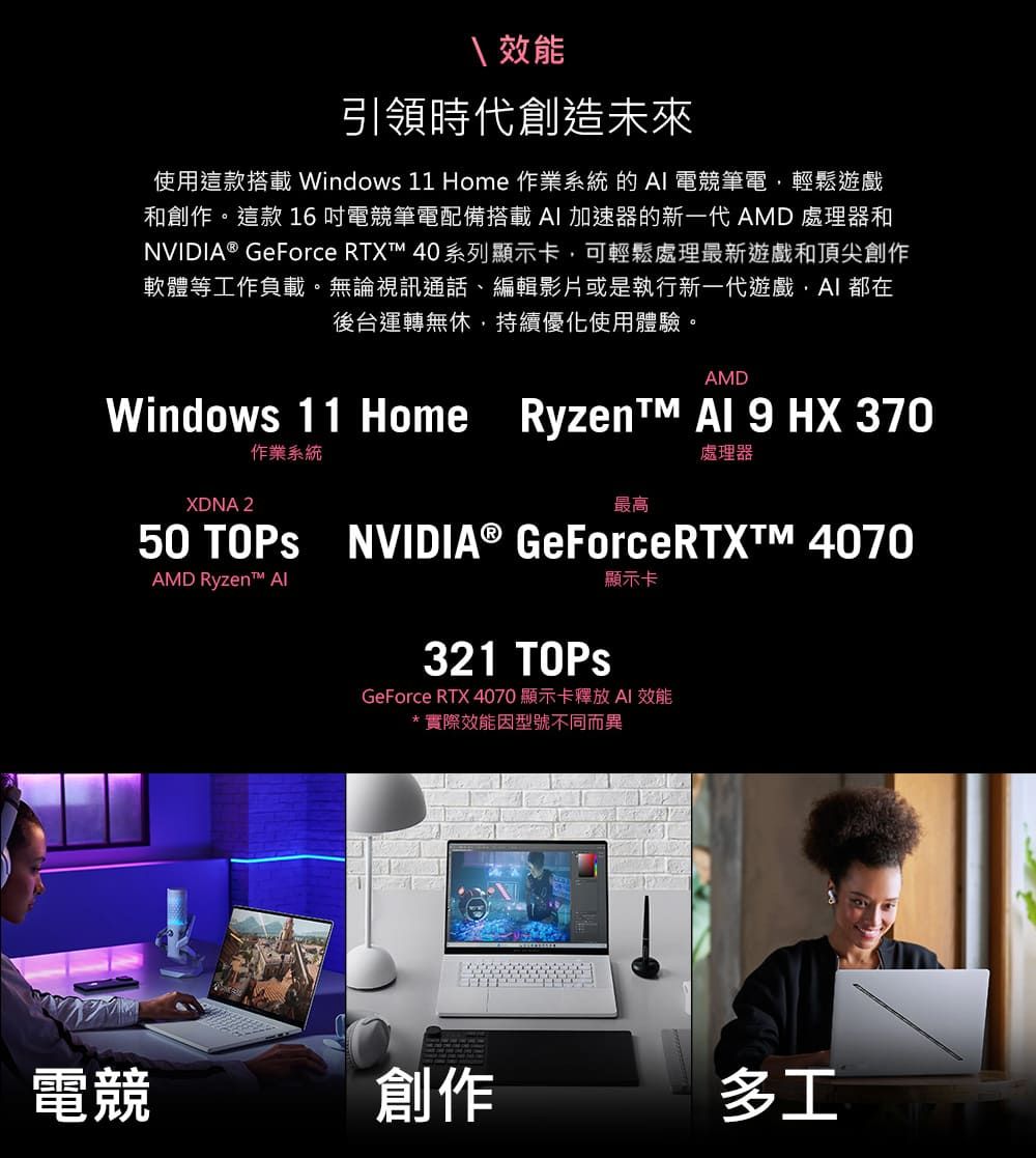 效能引領時代創造未來使用這款搭載 Windows 11 Home 作業系統 的電競筆電輕鬆遊戲和創作。這款 16電競筆電配備搭載加速器的新一代AMD 處理器和NVIDIA® GeForce RTXT 40系列顯示卡,可輕鬆處理最新遊戲和頂尖創作軟體等工作負載。無論視訊通話、編輯影片或是執行新一代遊戲, 都在後台運轉無休,持續優化使用體驗。AMDWindows 11 Home Ryzent   HX 370作業系統XDNA 2處理器最高50 TOPS NVIDIA® GeForceRTX 4070AMD Ryzen™ AI321 顯示卡GeForce RTX 4070 顯示卡釋放AI 效能*實際效能因型號不同而異電競創作多工