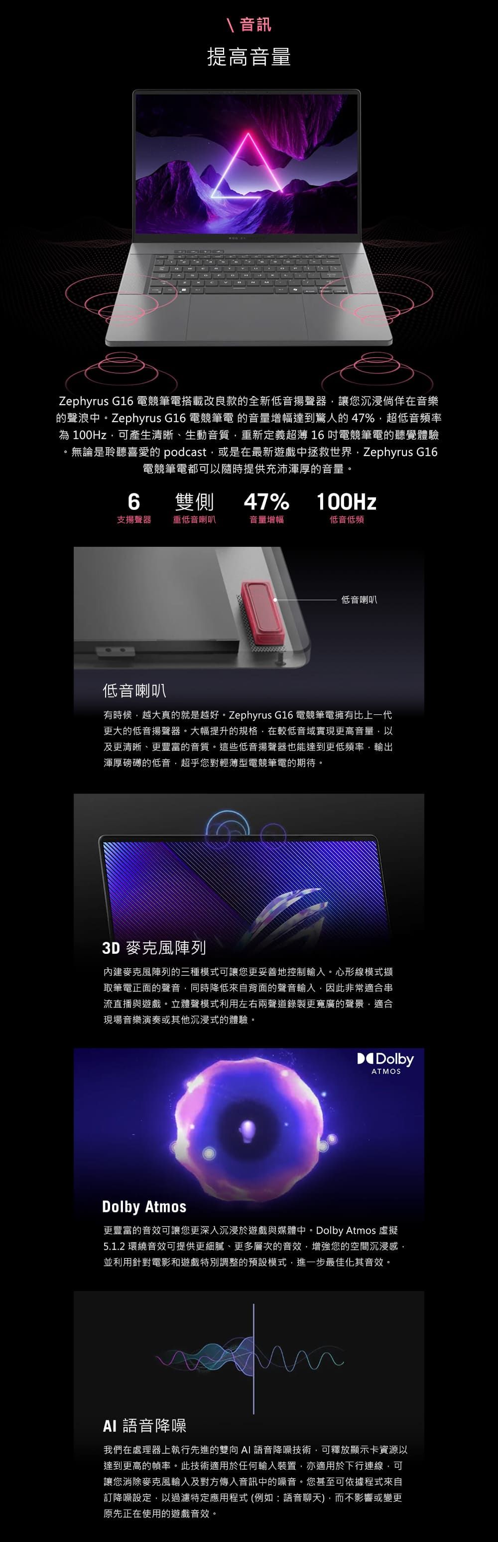 音訊提高音量Zephyrus G16 電競筆電搭載改良款的全新低音揚聲器讓您沉浸倘佯在音樂的聲浪中Zephyrus G16 電競筆電 的音量增幅達到驚人的47%,超低音頻率為 100Hz,可產生清晰、生動音質,重新定義超薄 16吋電競筆電的聽覺體驗無論是聆聽喜愛的 podcast,或是在最新遊戲中拯救世界,Zephyrus G16電競筆電都可以隨時提供充沛渾厚的音量。。6雙側47%100Hz支揚聲器重低音喇叭音量增幅低音低頻低音喇叭低音喇叭有時候,越大真的就是越好。Zephyrus G16 電競筆電擁有比上一代更大的低音揚聲器。大幅提升的規格,在較低音域實現更高音量,以及更清晰、更豐富的音質。這些低音揚聲器也能達到更低頻率,輸出渾厚磅礡的低音,超乎您對輕薄型電競筆電的期待。3D 麥克風陣列內建麥克風陣列的三種模式可讓您更妥善地控制輸入。心形線模式擷取筆電正面的聲音,同時降低來自背面的聲音輸入,因此非常適合串流直播與遊戲。立體聲模式利用左右兩聲道錄製更寬廣的聲景,適合現場音樂演奏或其他沉浸式的體驗。DolbyATMOSDolby Atmos更豐富的音效可讓您更深入沉浸於遊戲與媒體中。Dolby Atmos 虛擬5.1.2 環繞音效可提供更細膩、更多層次的音效,增強您的空間沉浸感,並利用針對電影和遊戲特別調整的預設模式,進一步最佳化其音效。語音降噪我們在處理器上執行先進的雙向 AI 語音降噪技術,可釋放顯示卡資源以達到更高的幀率。此技術適用於任何輸入裝置,亦適用於下行連線,可讓您消除麥克風輸入及對方傳入音訊中的噪音。您甚至可依據程式來自訂降噪設定,以過濾特定應用程式 (例如  語音聊天),而不影響或變更原先正在使用的遊戲音效。