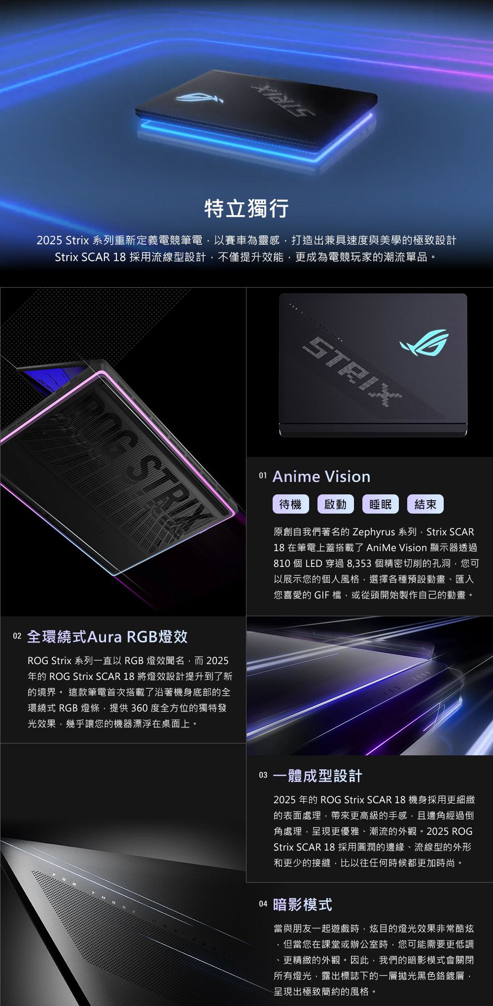 特立獨行25 Strix 系列重新定義電競筆電以賽車為靈感打造出兼具速度與美學極致設計Strix SCAR 18 採用流線型設計,不僅提升效能,更成為電競玩家的潮流單品。 STRIX02 全環繞式Aura RGB燈效ROG Strix 系列一直以 RGB 燈效聞名,而2025年的 ROG Strix SCAR 18 將燈效設計提升到了新的境界。 這款筆電首次搭載了沿著機身底部的全環繞式 RGB 燈條,提供360度全方位的獨特發光效果,幾乎讓您的機器漂浮在桌面上。STRIX01 Anime Vision待機 啟動 睡眠結束原創自我們著名的 Zephyrus 系列,Strix SCAR18 在筆電上蓋搭載了 AniMe Vision 顯示器透過810 個 LED 穿過8,353個精密切削的孔洞,您可以展示您的個人風格,選擇各種預設動畫、匯入您喜愛的 GIF ,或從頭開始製作自己的動畫。ES 一體成型設計2025 年的 ROG Strix SCAR 18機身採用更細緻的表面處理,帶來更高級的手感,且邊角經過倒角處理,呈現更優雅、潮流的外觀。2025 ROGStrix SCAR 18 採用圓潤的邊緣、流線型的外形和更少的接縫,比以往任何時候都更加時尚。04 暗影模式當與朋友一起遊戲時,炫目的燈光效果非常酷炫,但當您在課堂或辦公室時,您可能需要更低調、更精緻的外觀。因此,我們的暗影模式會關閉所有燈光,露出標誌下的一層拋光黑色鉻鍍層,呈現出極致簡約的風格。