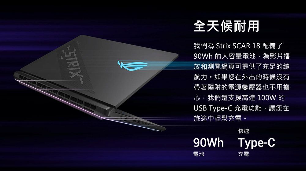 STRIX全天候耐用我們為 Strix SAR 18 配備了 的大容量電池為影片播放和瀏覽網頁可提供了充足的續航力。如果您在外出的時候沒有帶著隨附的電源變壓器也不用擔心,我們還支援高達100W 的USB Type-C 充電功能,讓您在旅途中輕鬆充電。快速 Type-C電池充電