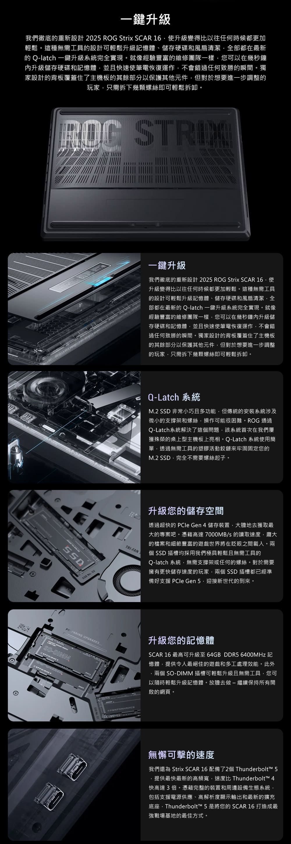 一鍵升級我們徹底重新設計 2025  Strix SCAR 使升級變得比以往任何時候都更加輕鬆。這種無需工具設計可輕鬆升級記憶體儲存硬碟和風扇清潔全部都在最新的 Qlatch 一鍵升級系統完全實現。就像經驗豐富的維修團隊一樣您可以在幾秒鐘內升級儲存硬碟和記憶體並且快速使筆電恢復運作不會錯過任何致勝的瞬間。獨家設計的背板覆蓋住了主機板的其餘部分以保護其他元件但對於想要進一步調整的玩家只需拆下幾顆螺絲即可輕鬆拆卸。ROG  No. 02一鍵升級我們徹底的重新設計 2025 ROG Strix SCAR 16使升級變得比以往任何時候都更加輕鬆。這種無需工具的設計可輕鬆升級記憶體、儲存硬碟和風扇清潔全部都在最新的 Q-latch 一鍵升級系統完全實現。就像經驗豐富的維修團隊一樣您可以在幾秒鐘內升級儲存硬碟和記憶體並且快速使筆電恢復運作不會錯過任何致勝的瞬間。獨家設計的背板覆蓋住了主機板的其餘部分以保護其他元件但對於想要進一步調整的玩家只需拆下幾顆螺絲即可輕鬆拆卸。 Q-Latch 系統M.2 SSD 非常小巧且多功能但傳統的安裝系統涉及微小的支撐架和螺絲,操作可能很困難。ROG 通過Q-Latch系統解決了這問題,該系統首次在我們屢獲殊榮的桌上型主機板上亮相。Q-Latch 系統使用簡單,透過無需工具的塑膠活動鉸鏈來牢固固定您的M.2 SSD,完全不需要螺絲起子。TRI-FAN升級您的儲存空間透過超快的 PCle Gen 4 儲存裝置,大膽地去獲取最大的專案吧。憑藉高達7000MB/s 的讀取速度,龐大的檔案和細節豐富的遊戲世界將在眨眼之間載入。兩個 SSD 插槽均採用我們極具輕鬆且無需工具的Q-latch 系統,無需支撐架或任何的螺絲。對於需要擁有更快儲存速度的玩家, SSD 插槽都已經準備好支援 PCle Gen 5,迎接新世代的到來。 UPGRADES-DIMMDIM升級您的記憶體SCAR 16 最高可升級至64GB DDR5 6400MHz 記憶體,提供令人最絕佳的遊戲和多工處理效能。此外兩個 SO-DIMM 插槽可輕鬆升級且無需工具,您可以隨時輕鬆升級記憶體。放膽去做-繼續保持所有開啟的網頁。無懈可擊的速度我們還為 Strix SCAR 16 配備了2個 Thunderbolt™ 5,提供最快最新的高頻寬,速度比 Thunderbolt™ 4快高達3倍。憑藉完整的裝置和周邊設備生態系統,包括支援電源供應、高解析度顯示輸出和最新的擴充底座,Thunderbolt™ 5 是將您的 SCAR 16 打造成最強戰場基地的最佳方式。