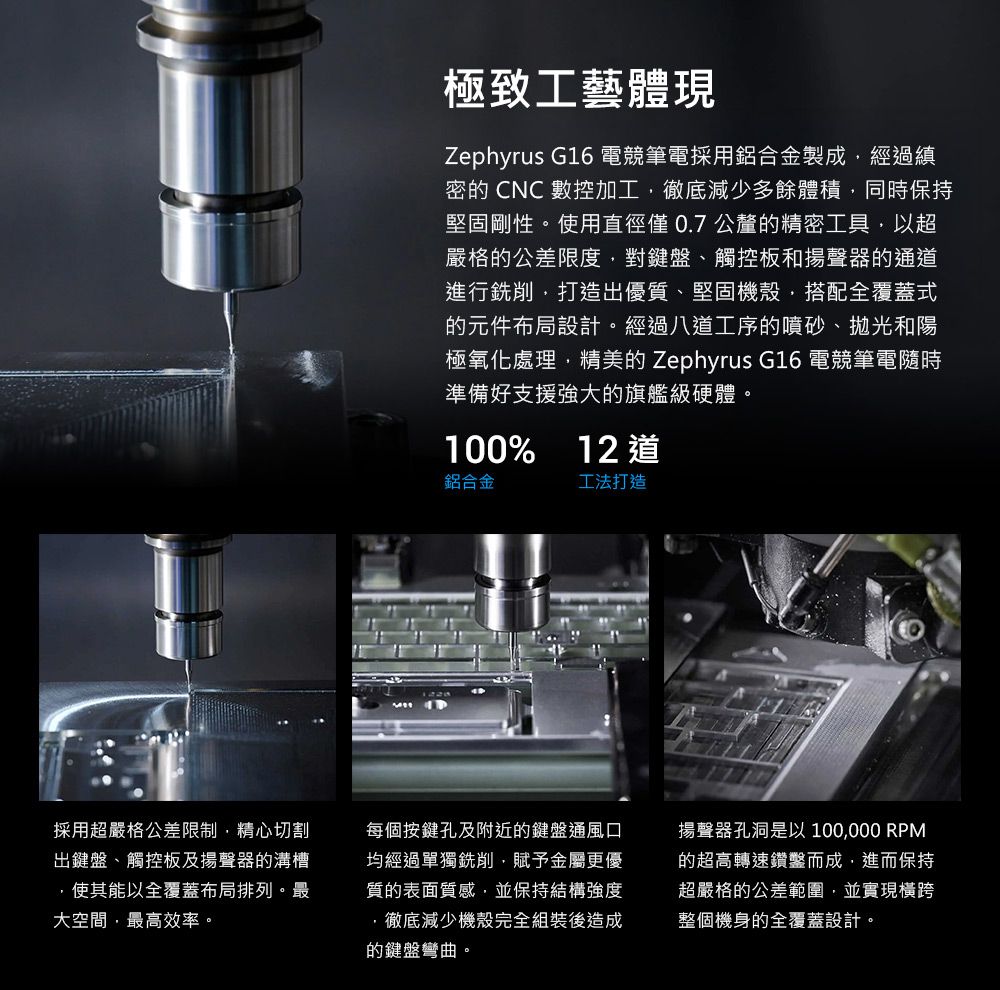 極致工藝體現Zephyrus G16電競筆電採用鋁合金製成經過縝密的 CNC 數控加工徹底減少多餘體積同時保持堅固剛性。使用直徑僅0.7公釐的精密工具以嚴格的公差限度對鍵盤、觸控板和揚聲器的通進行銑削打造出優質、堅固機殼,搭配全覆蓋式的元件布局設計。經過八道工序的噴砂、拋光和陽極氧化處理,精美的 Zephyrus G16 電競筆電隨時準備好支援強大的旗艦級硬體。100%12 道鋁合金工法打造採用超嚴格公差限制,精心切割出鍵盤、觸控板及揚聲器的溝槽,使其能以全覆蓋布局排列。最大空間,最高效率。每個按鍵孔及附近的鍵盤通風口均經過單獨銑削,賦予金屬更優質的表面質感,並保持結構強度,徹底減少機殼完全組裝後造成的鍵盤彎曲。揚聲器孔洞是以 100,000 RPM的超高轉速鑽鑿而成,進而保持超嚴格的公差範圍,並實現橫跨整個機身的全覆蓋設計。