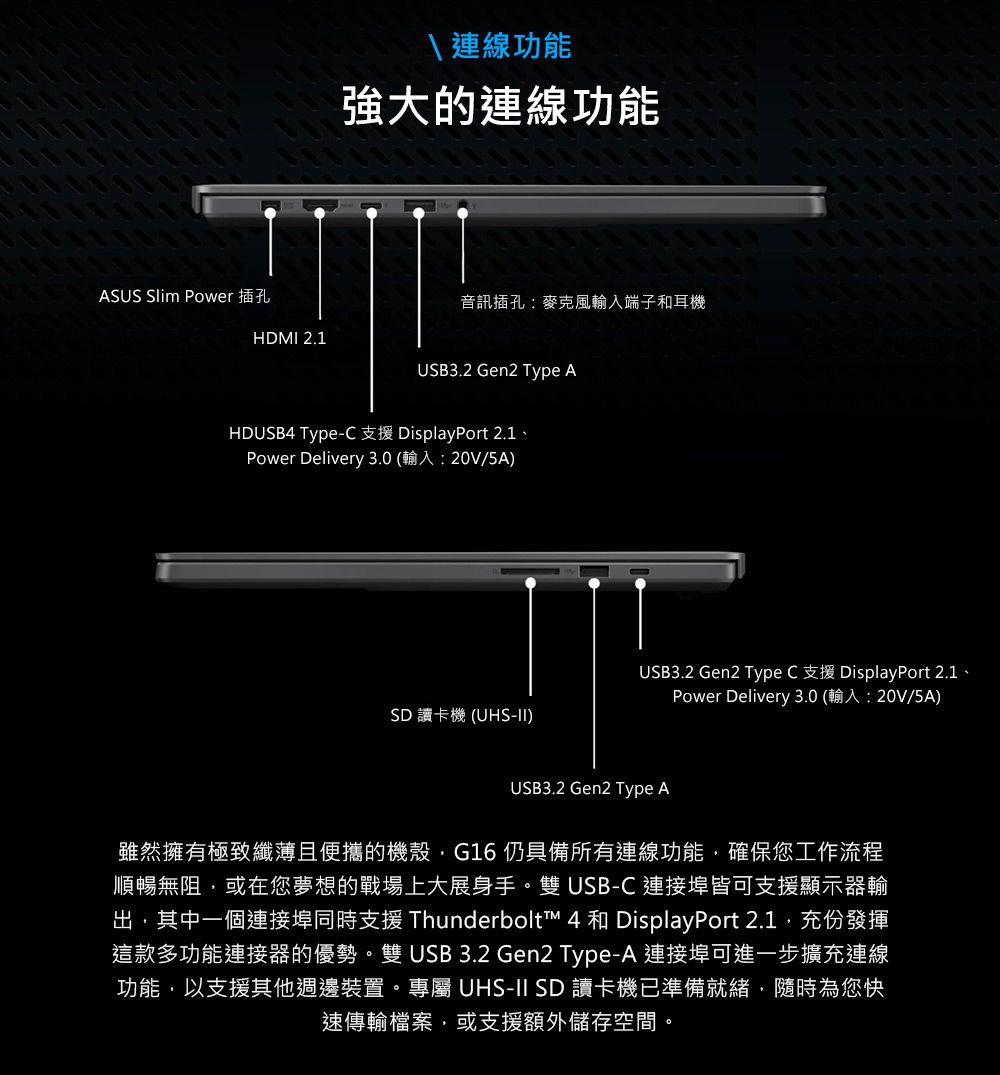\連線功能強大的連線功能ASUS Slim Power 插孔音訊插孔麥克風輸入端子和耳機HDMI 2.1USB3.2 Gen2 Type AHDUSB4 Type-C 支援 DisplayPort 2.1Power Delivery 3.0 (輸入:20V/5A)SD 讀卡機 (UHS-II)USB3.2 Gen2 Type C 支援 DisplayPort 2.1、Power Delivery 3.0 (輸入:20V/5A)USB3.2 Gen2 Type A雖然擁有極致纖薄且便攜的機殼G16仍具備所有連線功能確保您工作流程順暢無阻或在您夢想的戰場上大展身手。雙USB-C連接埠皆可支援顯示器輸出,其中一個連接埠同時支援 Thunderbolt™ 4 和 DisplayPort 2.1,充份發揮這款多功能連接器的優勢。雙USB 3.2 Gen2 Type-A 連接埠可進一步擴充連線功能,以支援其他週邊裝置。專屬 UHS-II SD 讀卡機已準備就緒,隨時為您快速傳輸檔案,或支援額外儲存空間。
