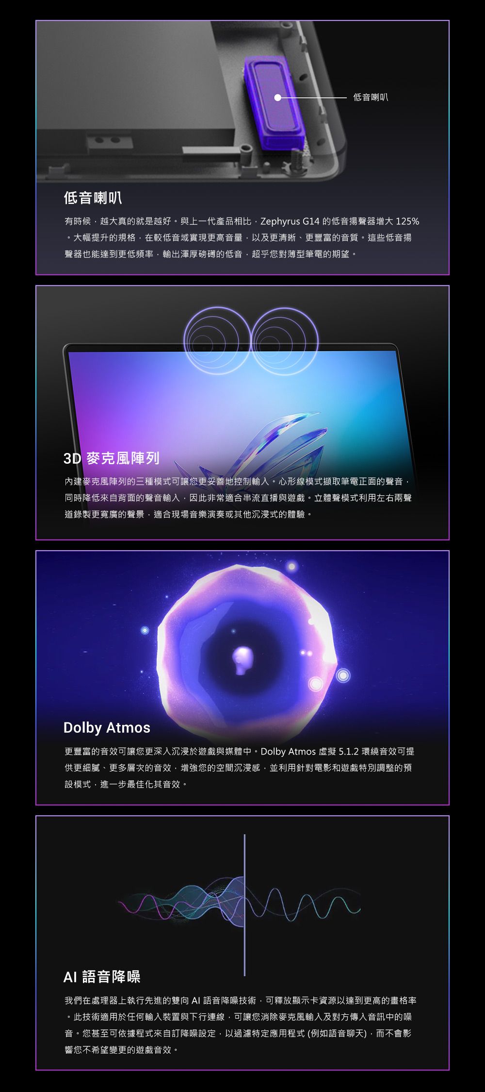 低音喇叭低音喇叭有時候越大真的就是越好。與上一代產品相比Zephyrus G14 的低音揚聲器增大 125%。大幅提升的規格在較低音域實現更高音量以及更清晰、更豐富的音質。這些低音揚聲器也能達到更低頻率,輸出渾厚磅礴的低音,超乎您對薄型筆電的期望。3D 麥克風陣列內建麥克風陣列的三種模式可讓您更妥善地控制輸入。心形線模式擷取筆電正面的聲音,同時降低來自背面的聲音輸入,因此非常適合串流直播與遊戲。立體聲模式利用左右兩聲道錄製更寬廣的聲景,適合現場音樂演奏或其他沉浸式的體驗。Dolby Atmos更豐富的音效可讓您更深入沉浸於遊戲與媒體中。Dolby Atmos 虛擬5.1.2 環繞音效可提供更細膩、更多層次的音效,增強您的空間沉浸感,並利用針對電影和遊戲特別調整的預設模式,進一步最佳化其音效。 語音降噪我們在處理器上執行先進的雙向 AI 語音降噪技術,可釋放顯示卡資源以達到更高的畫格率。此技術適用於任何輸入裝置與下行連線,可讓您消除麥克風輸入及對方傳入音訊中的噪音。您甚至可依據程式來自訂降噪設定,以過濾特定應用程式(例如語音聊天,而不會影響您不希望變更的遊戲音效。
