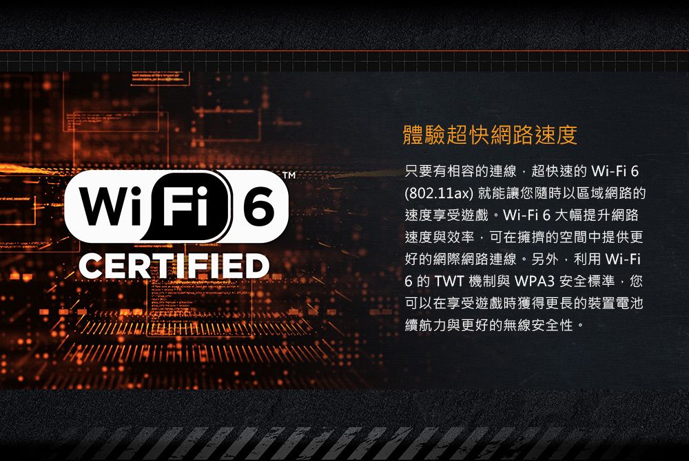 Wi Fi CERTIFIEDTM體驗超快網路速度只要有相容的連線超快速的 Wi-Fi 6(802.11ax)就能讓您隨時以區域網路的速度享受遊戲。Wi-Fi6大幅提升網路速度與效率,可在擁擠的空間中提供更好的網際網路連線。另外,利用 Wi-Fi6 的 TWT 機制與 WPA3 安全標準,您可以在享受遊戲時獲得更長的裝置電池續航力與更好的無線安全性。