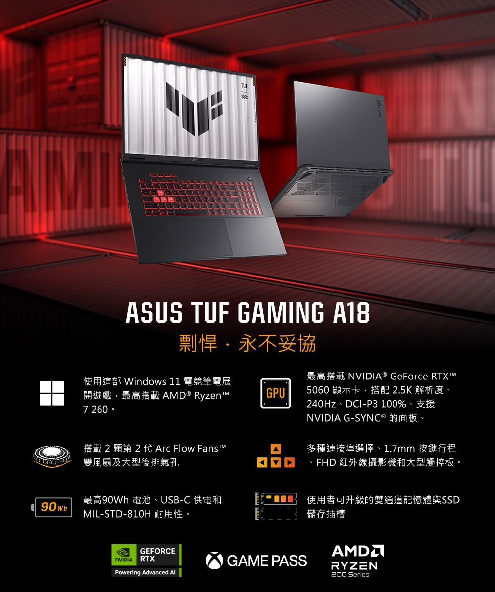 MITUFASUS TUF GAMING A18剽悍永不妥協使用這部 Windows 11 電競筆電展開遊戲最高搭載 AMD® Ryzen7 260最高搭載 ® GeForce RTXTGPU搭載2顆第2代 Arc Flow Fans雙風扇及大型後排氣孔A5060 顯示卡,搭配2.5K解析度240Hz、DCI-P3100%、支援NVIDIA G-SYNC®的面板。多種連接埠選擇、1.7mm 按鍵行程、FHD 紅外線攝影機和大型觸控板。最高90Wh 電池、USB-C 供電和90whMIL-STD-810H 耐用性。使用者可升級的雙通道記憶體與SSD儲存插槽GEFORCENVIDIA RTXPowering Advanced GAME PASSRYZEN200 Series