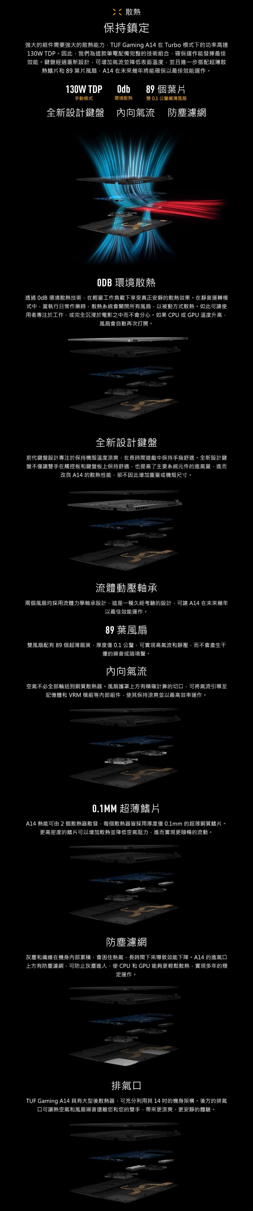 散熱保持鎮定強大的組件需要強大的散熱能力TUF Gaming A14 在 Turbo 模式下的功率高達130W TDP。因此我們為這款筆電配備完整的技術組合確保運作能發揮最佳效能。鍵盤經過重新設計可增加氣流並降低表面溫度並且進一步搭配超薄散熱鰭片和 89 葉片風扇A14 在未來幾年將能確保以最佳效能運作。130W TDPOdb89個葉片手動模式環境散熱雙0.1公釐纖薄風扇全新設計鍵盤 內向氣流 防塵濾網 環境散熱透過  環境散熱技術在輕量工作負載下享受真正安靜的散熱效果。在靜音運轉模式中當執行日常作業時散熱系統會關閉所有風扇以被動方式散熱。如此可使用者專注於工作,或完全沉浸於電影之中而不會分心。如果CPU 或GPU溫度升高,風扇會自動再次打開。全新設計鍵盤前代鍵盤設計專注於保持機殼溫度涼爽,在長時間遊戲中保持手指舒適。全新設計鍵盤不讓雙手在觸控板和鍵盤板上保持舒適,也提高了主要系統元件的進氣量,進而改良 A14 的散熱性能,卻不因此增加重量或機殼尺寸。流體動壓軸承兩個風扇均採用流體力學軸承設計,這是一種久經考驗的設計,可讓 A14 在未來幾年以最佳效能運作。89 葉風扇雙風扇配有 89個超薄扇葉,厚度僅0.1公釐,可實現高氣流和靜壓,而不會產生擾的噪音或嗚鳴聲。內向氣流空氣不必全部輸送到銅質散熱器。風扇護罩上方有精確計算的切口,可將氣流引導至記憶體和  模組等內部組件,使其保持涼爽並以最高效率運作。0.1MM 超薄鰭片A14 熱能可由2個散熱器散發,每個散熱器皆採用厚度僅 0.1mm 的超薄銅質鰭片。更高密度的鰭片可以增加散熱並降低空氣阻力,進而實現更順暢的流動。防塵濾網灰塵和纖維在機身內部累積,會困住熱氣,長時間下來導致效能下降。A14 的進氣口上方有防塵濾網,可防止灰塵進入,使CPU和GPU 能夠更輕鬆散熱,實現多年的穩定運作。排氣口TUF Gaming A14 具有大型後散熱器,可充分利用其 14 的機身架構。後方的排氣口可讓熱空氣和風扇噪音遠離您和您的雙手,帶來更涼爽、更安靜的體驗。