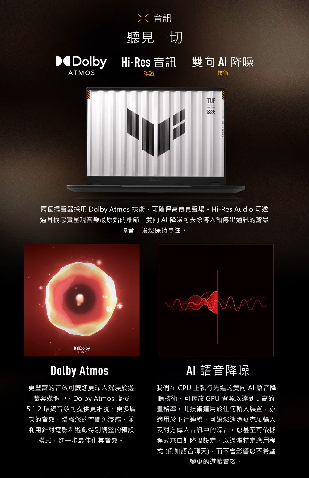 音訊聽見一切 Hi-Res 音訊Hi-Res 音訊 雙向  降噪ATMOS認證技術TUF兩個揚聲器採用 Dolby Atmos 技術可確保高傳真聲場。Hi-Res Audio 可透過耳機忠實呈現音樂最原始的細節。雙向 降噪可去除傳入和傳出通訊的背景噪音讓您保持專注。DolbyVISIONDolby Atmos更豐富的音效可讓您更深入沉浸於遊戲與媒體中。Dolby Atmos 虛擬5.1.2 環繞音效可提供更細膩、更多層次的音效增強您的空間沉浸感並利用針對電影和遊戲特別調整的預設模,進一步最佳化其音效。 語音降噪我們在 CPU 上執行先進的雙向 AI 語音降噪技術,可釋放 GPU 資源以達到更高的畫格率。此技術適用於任何輸入裝置,亦適用於下行連線,可讓您消除麥克風輸入及對方傳入音訊中的噪音。您甚至可依據程式來自訂降噪設定,以過濾特定應用程式 (例如語音聊天),而不會影響您不希望變更的遊戲音效。