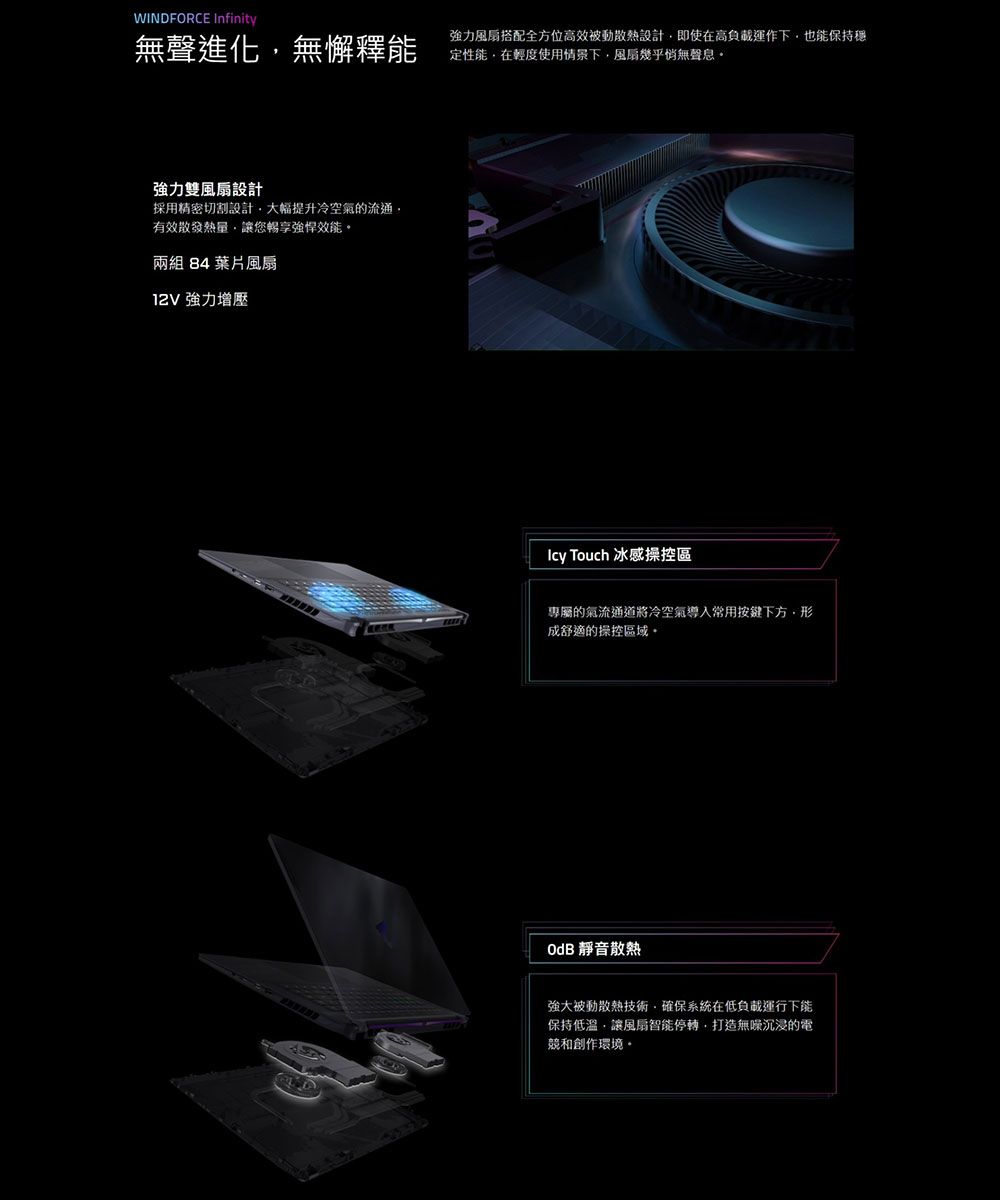 WINDFORCE Infinity無聲進化無懈釋能強力風扇搭配全方位高效被動散熱設計即使在高負載運作下也能保持定性能在輕度使用情景下風扇幾乎無聲息強力雙風扇設計採用精密切割設計大幅提升冷空氣的流通有效散發熱量讓您暢享強悍效能。兩組 84 葉片風扇 強力增壓Icy Touch 冰感操控區專屬的氣流通道將冷空氣導入常用按鍵下方成舒適的操控區域。OdB 靜音散熱強大被動散熱技術,確保系統在低負載運行下能保持低溫,讓風扇智能停轉,打造沉浸的電競和創作環境。