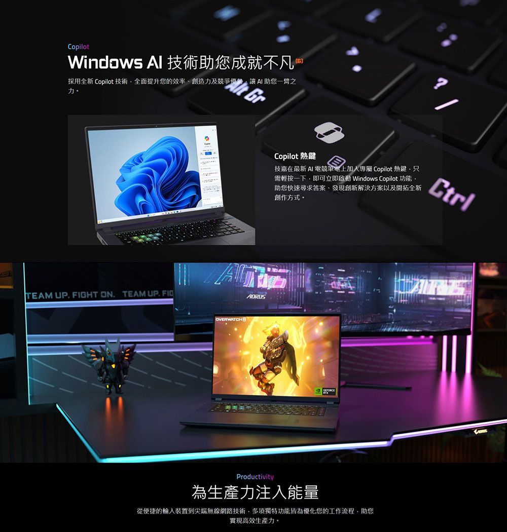 Copilot6Windows Al 技術助您成就不凡 採用全新 Copilot 技術全面提升您的效率、創造力及競爭優勢AI助您力。TEAM UP. FIGHT ON. TEAM UP. OVERWATCHCopilot 熱鍵技嘉在最新AI 電競筆電上加入專屬 Copilot 熱鍵只需輕按一下即可立即Windows Copilot 功能助您快速尋求答案發現創新解決方案以及開拓全新創作方式。CtrlProductivity為生產力注入能量從便捷的輸入裝置到尖端無線網路技術多項獨特功能皆為優化您的工作流程,助您實現高效生產力。