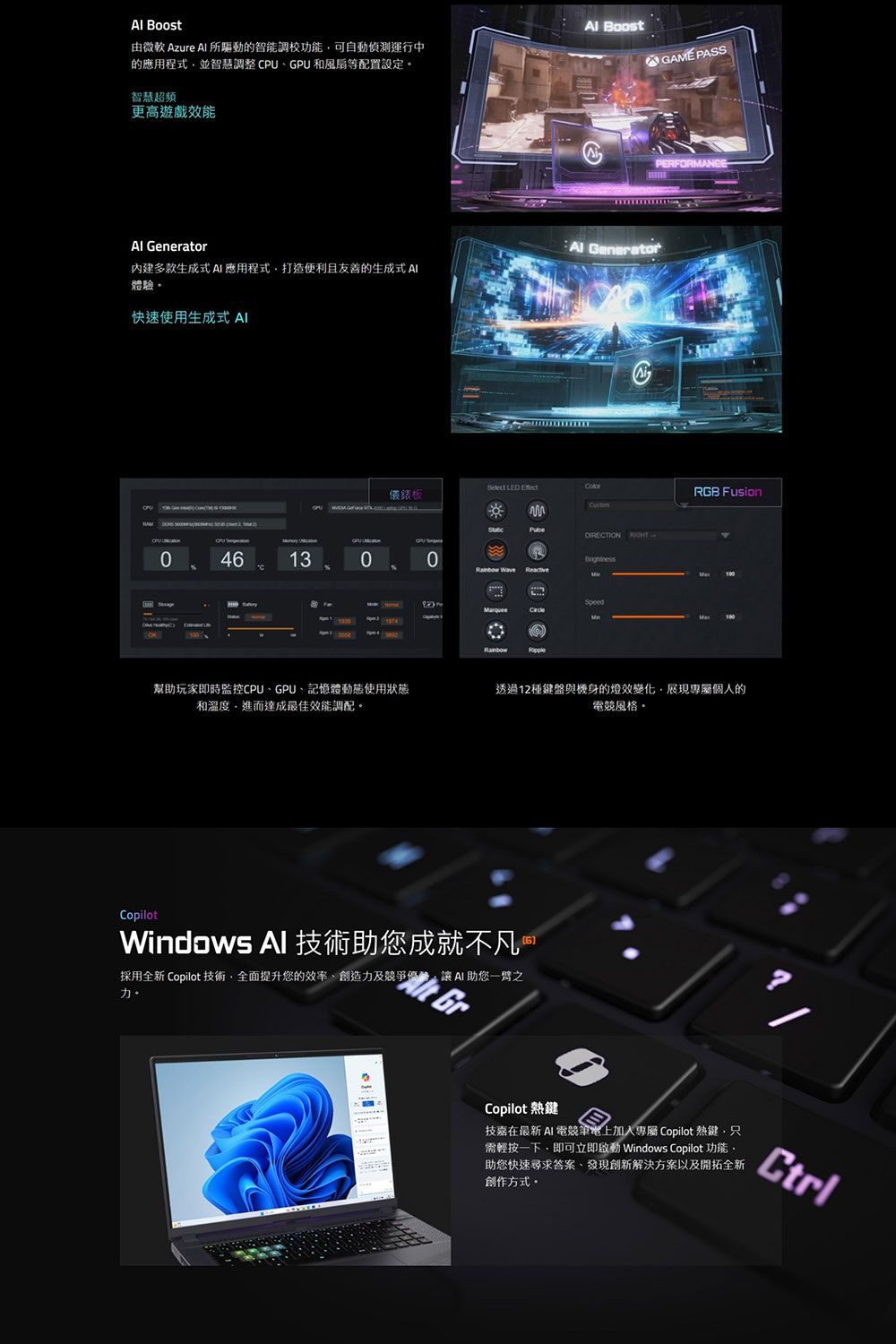 Boost由微軟 Azure  所驅動的智能調校功能可自動偵測運行中的應用程式並智慧調整CPU、GPU 和風扇等配置設定 BoostGAME PASS智慧超頻更高遊戲效能 Generator內建多款生成式 應用程式打造便利且友善的生成式 體驗。快速使用生成式 PERFORMANCE  儀錶板RGB Fusion 46130 Wave MarqueeSpeed幫助玩家即時監控CPU、GPU、記憶體動態使用狀態和溫度進而達成最佳效能調配。透過12種鍵盤與機身的燈效變化展現專屬個人的電競風格。CopilotWindows Al 技術助您成就不凡 採用全新 Copilot 技術全面提升您的、創造力及競爭AI助您力。Copilot 熱鍵技嘉在最新AI 電競筆電上加入專屬 Copilot 熱鍵,只需輕按一下,即可立即啟動 Windows Copilot 功能助您快速尋求答案、發現創新解決方案以及開拓全新創作方式。Ctrl