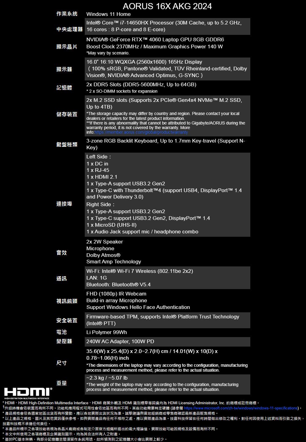 AORUS 6X AKG 2024作業系統indows 11 HomeIntel® Core i714650HX Processor 30M Cache up to 52  cores 8 P-core and 8 E-core)顯示晶片顯示器記憶體儲存裝置鍵盤種類連接埠音效通訊視訊鏡頭安全装置電池變壓器尺寸重量HDMI®HIGH-DEFINITION MULTIMEDIA INTERFACENVIDIA® GeForce RTX  4060 Laptop GPU 8GB GDDR6Boost Clock 2370MHz  Maimum Graphics Power 140 May vary by scenario160 1610 QXGA (25601600) 165Hz Display(100% sRGB, Pantone® Validated,  Rheinland-certified, DolbyVision®, NVIDIA® Advanced Optimus, G-SYNC )2 DDR5 Slots (DDR5-5600MHZ, Up to 64GB) 2  SO-DIMM sockets for epansion2 M2 SSD slots (Supports 2  Gen44 NVMe M2 SSD,Up to 4TB)The storage capacity may differ by country and region. Please contact your localdealers or retailers for the latest product information. there is any abnormality that cannot be attributed to GigabyteAORUS during thewarranty period, it is not covered by the warranty. Moreinfohttpsmember.aorus.com/global/productwarranty3-zone RGB Backlit Keyboard, Up to 1.7mm Key-travel (Support N-Key)Left Side 1  DC in1  RJ-451  HDMI 2.11  Type-A support USB3.2 Gen21  Type-C with Thunderbolt4 (support USB4, DisplayPort 1.4and Power Delivery 3.0)Right Side1  Type-A support USB3.2 Gen21 x Type-C support USB3.2 Gen2, DisplayPort 1.41 x MicroSD (UHS-II)1 x Audio Jack support mic / headphone combo 2W SpeakerMicrophoneDolby Smart Amp TechnologyWi-Fi: Intel® Wi-Fi 7 Wireless (802.11be 2x2)LAN: 1GBluetooth: Bluetooth® V5.4FHD (1080p) IR WebcamBuild-in array MicrophoneSupport Windows Hello Face AuthenticationFirmware-based TPM, supports Intel® Platform Trust Technology(Intel® PTT)Li Polymer 99Wh240W AC Adapter, 100W PD35.6(W) x 25.4(D) x 2.0-2.7(H) cm / 14.01(W) x 10(D) x0.78-1.06(H) inchThe dimensions of the laptop may vary according to the configuration, manufacturingprocess and measurement method, please refer to the actual situation.2.3 kg/5.07 lbThe weight of the laptop may vary according to the configuration, manufacturingprocess and measurement method, please refer to the actual situation.* HDMI、HDMI High-Definition Multimedia Interface、HDMI 商業外觀及 HDMI 識別標章等詞彙均為 HDMI Licensing Administrator, Inc. 的商標或註冊商標1  ( https://www.microsoft.com/zh-tw/windows/windows-11-specifications)⚫* 產品規格會依各國家地區出貨而有所變動,應以各地實際出貨狀況為準誠摯建議與當地經銷商或零售商確認最新產品販售規格* 以上產品之規格、圖片及其他資訊僅供參考,如與實際產品有任何不相符之處,應以實際產品為準技嘉科技保留在任何時間做出修改之權利對任何因使用上述資料而引致之損失,技嘉科技概不承擔任何。* 本產品所標示之各項效能表現為各晶片廠商或各制定介面官方組織所提出的最大理論值,實際效能可能因規格及設備而有所不同。* 本文中所使用之各項商標及企業識別,均為其合法所有人之財產。* 基於PC基本架構,有部分記憶體空間須留作系統用途,故所偵測到之記憶體大小會比實際上較少。