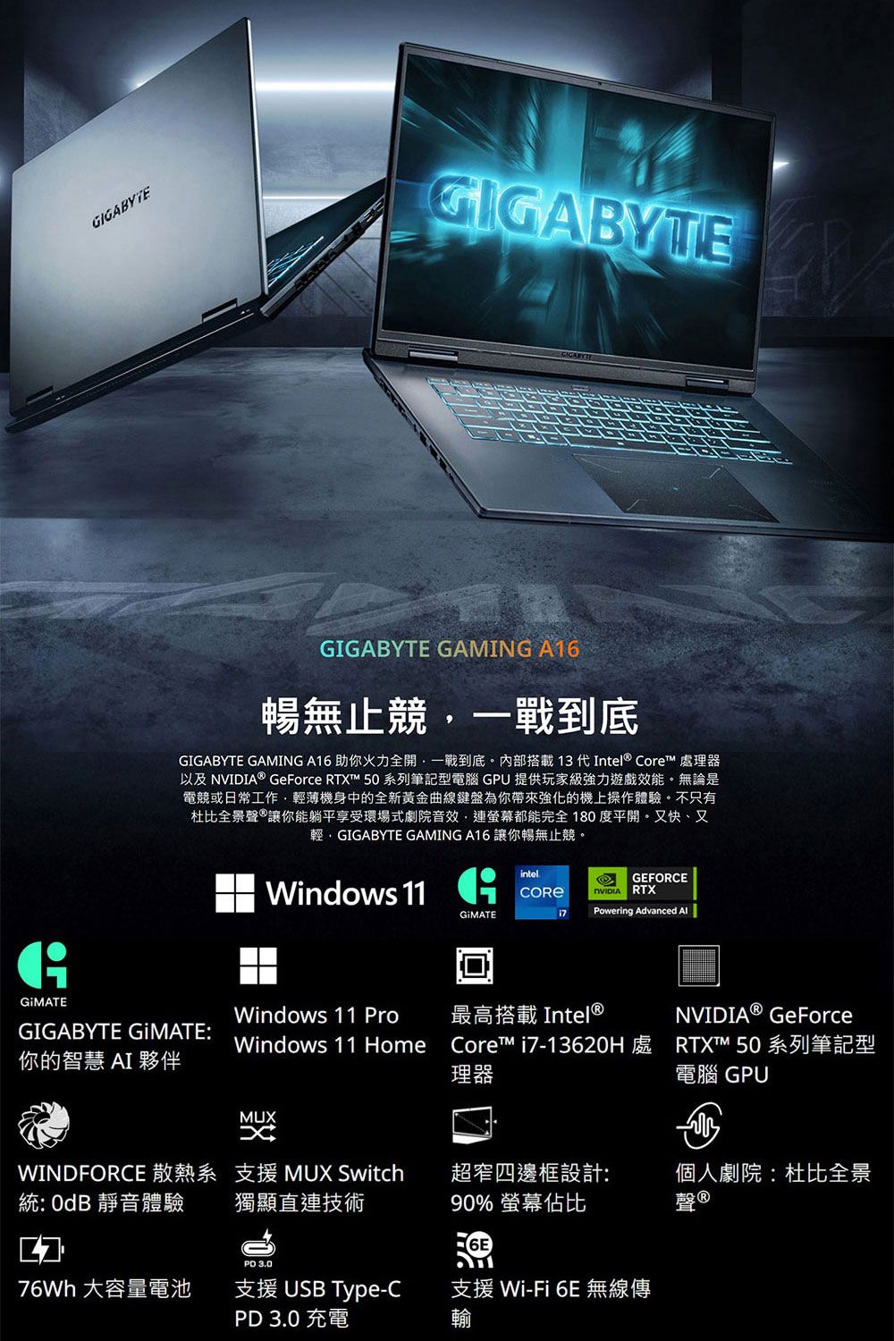 GIGABYTEGIGABYTEGIGABYTE GAMING A16暢無止競一戰到底GIGABYTE GAMING A16 助你火力全開一戰到底。內部搭載13 代Intel Core 處理器以及 ® GeForce RTX™  系列筆記型電腦 GPU 提供玩家級強力遊戲效能。無論是電競或日常工作輕薄機身中的全新黃金曲線鍵盤為你帶來強化的機上操作體驗。不只有杜比全景®讓你能躺平享受環場式劇院音效連螢幕都能完全180度平開。又快、又輕GIGABYTE GAMING A16讓你暢無止競。Windows  intelGEFORCENVIDIARTXPowering Advanced Windows 11 Pro最高搭載 Intel®NVIDIA® GeForceGIGABYTE :你的智慧 AI 夥伴Windows 11 HomeCore™ i-13620H處 RTXTM 50 系列筆記型理器電腦 GPUMUXWINDFORCE 散熱系統:  靜音體驗MUX Switch支援獨顯直連技術超窄四邊框設計:90% 螢幕佔比個人劇院:杜比全景聲 ®7 3.076Wh 大容量電池支援 USB Type-CPD 3.0 充電支援 Wi-Fi 6E 無線傳輸