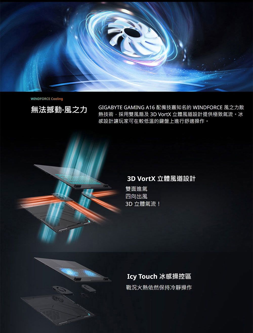 WINDFORCE Cooling無法撼動風之力GIGABYTE GAMING A16 配備技嘉知名的 WINDFORCE 風之力散熱技術採用雙風扇及3D VortX 立體風道設計提供極致氣流。冰感設計讓玩家可在較低溫的鍵盤上進行舒適操作。3D VortX 立體風道設計雙面進氣四向出風3D立體氣流!Icy Touch 冰感操控區戰況火熱依然保持冷靜操作