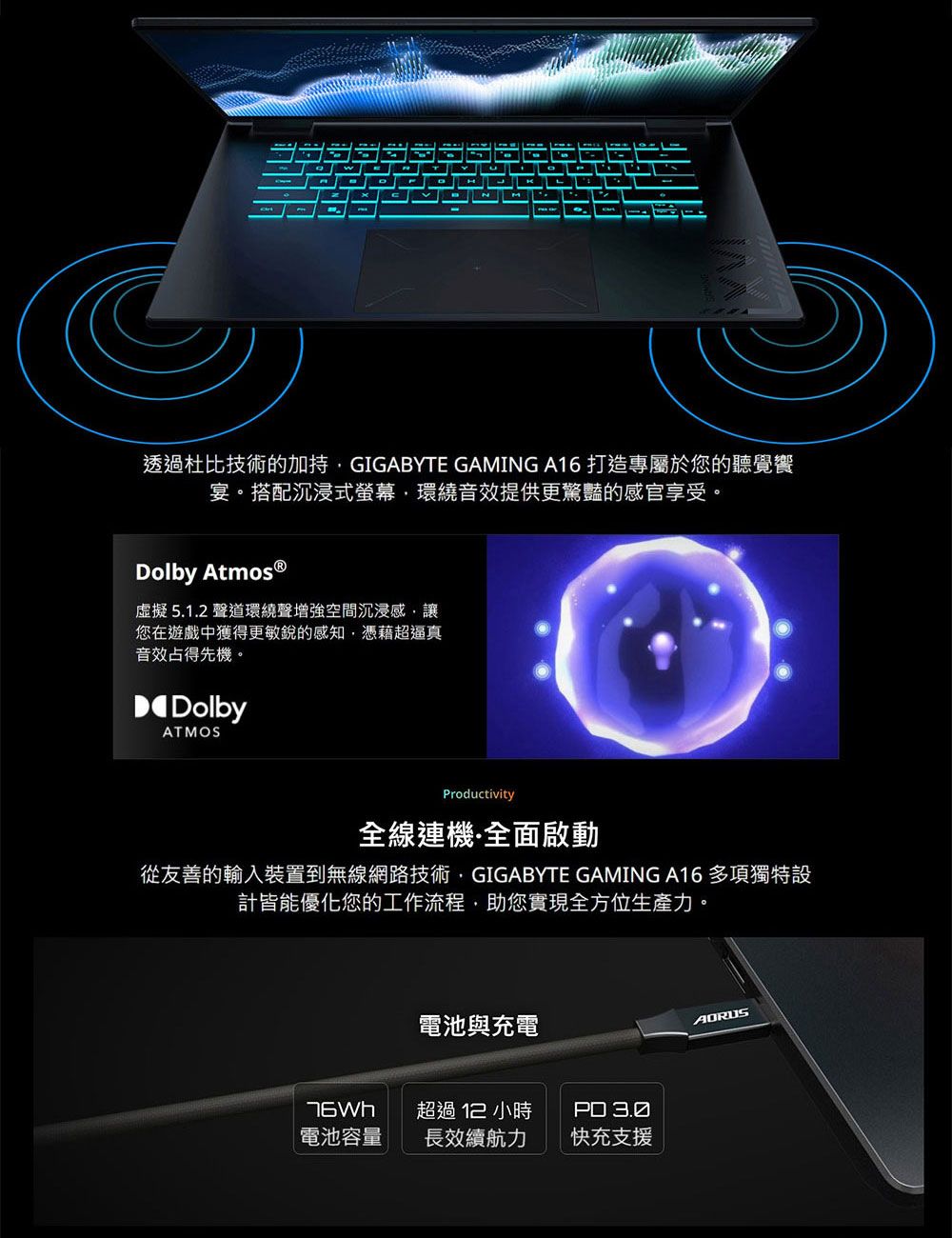 透過杜比技術的加持GIGABYTE GAMING A16 打造專屬於您的聽覺宴搭配沉浸式螢幕環繞音效提供更驚豔的感官享受Dolby 虛擬5.1.2 聲道環繞聲增強空間沉浸感讓您在遊戲中獲得更敏銳的感知憑藉超逼真音效占得先。DolbyATMOSProductivity全線連機全面啟動從友善的輸入裝置到無線網路技術GIGABYTE GAMING A16多項獨特設計皆能優化您的工作流程助您實現全方位生產力。。電池與充電電池容量超過12小時長效續航力 3.0快充支援AORUS