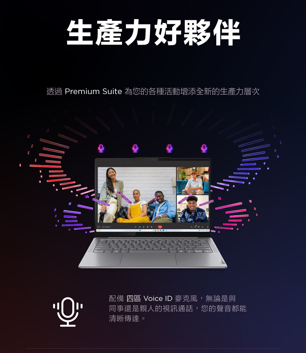 生產力好夥伴透過 Premium Suite 為您的各種活動增添全新的生產力層次配備 四區 Voice ID 麥克風,無論是與同事還是親人的視訊通話,您的聲音都能清晰傳達。